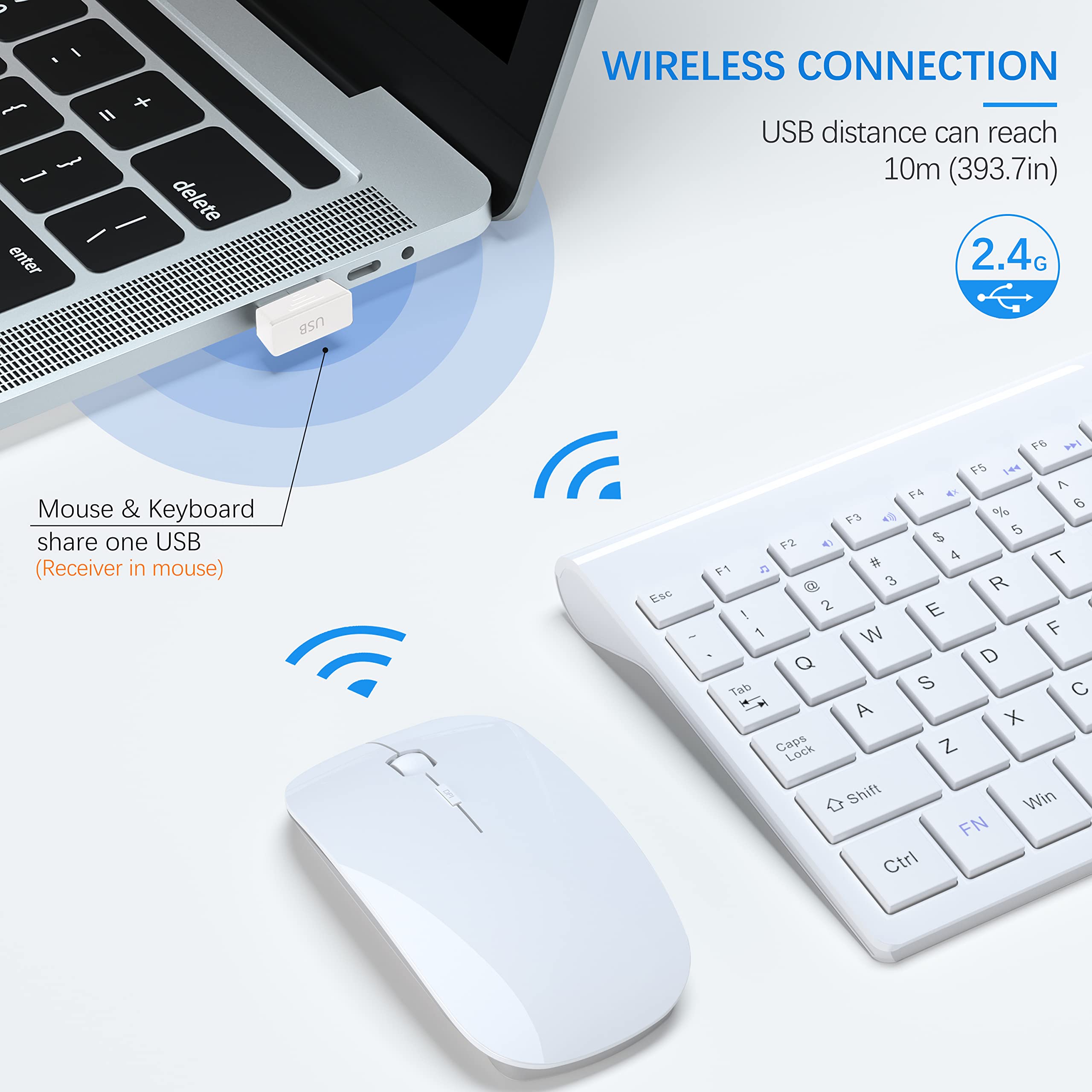 - Wireless Connection
  - USB distance can reach 10m (393.7in)
  - 2.4G
  - Mouse & Keyboard share one USB (Receiver in mouse)

- Keyboard layout:
  - Esc F1 F2 F3 F4 F5 F6
  - 1 2 3 4 5 6 7 8 9 0 - =
  - Q W E R T Y U I O P [ ] \
  - A S D F G H J K L ; '
  - Z X C V B N M , . /
  - Tab Caps Lock Shift Win FN Ctrl