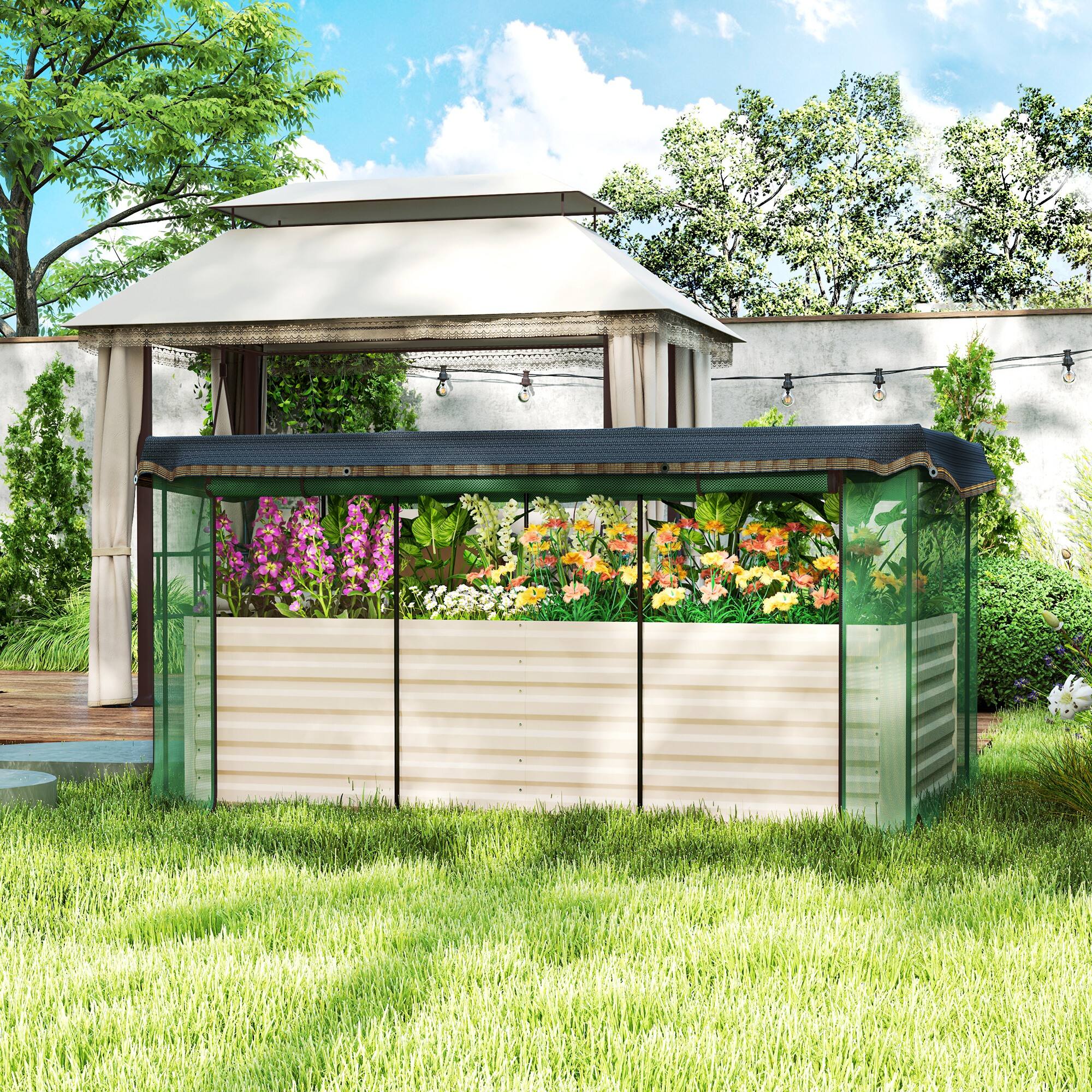 Alt View 1. Outsunny - 7.3 x 3.4 x 2 ft Galvanized Raised Garden Bed with Crop Cage Plant Protection Net and Shade Cloth Roof - Beige.