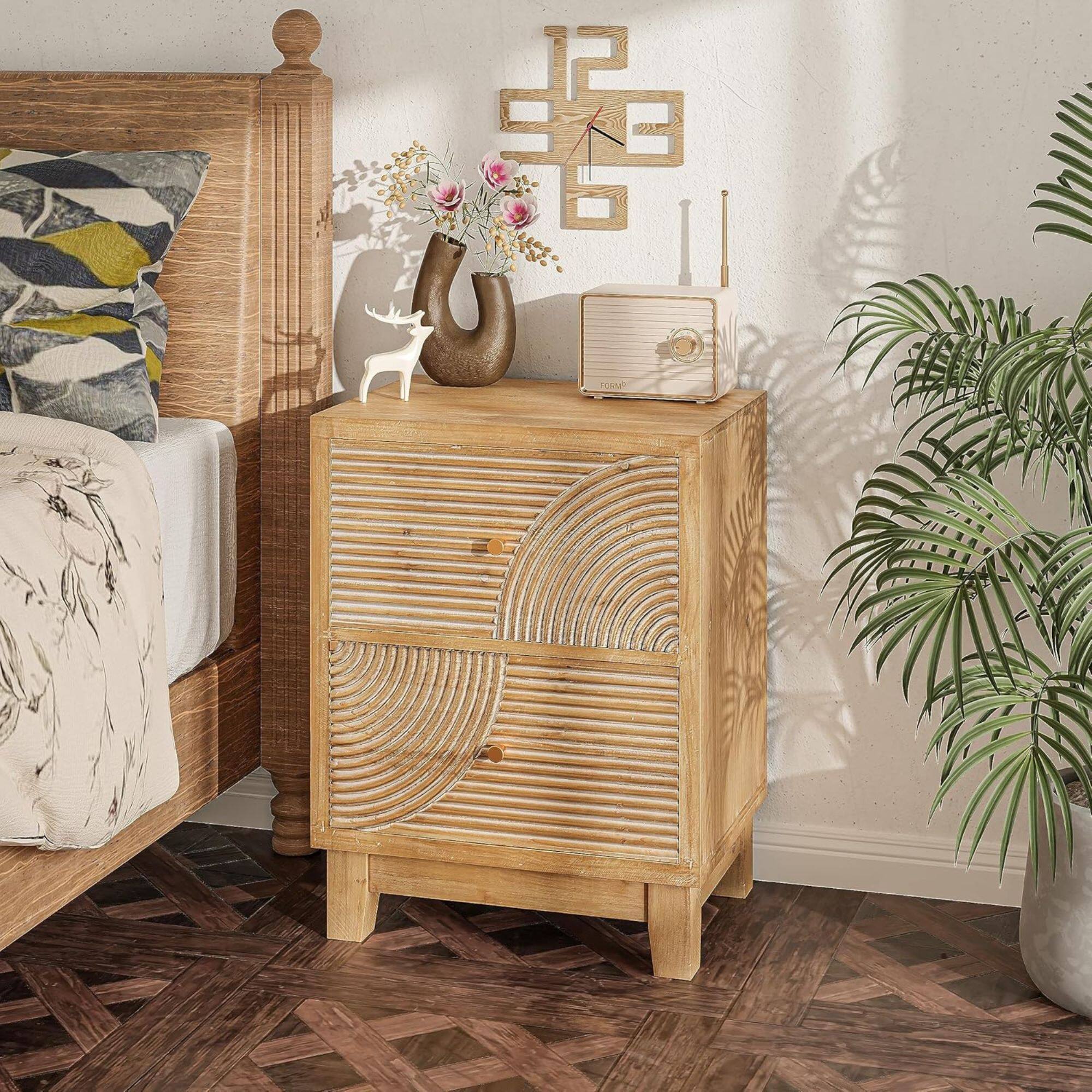 Alt View 8. COZAYH - COZAYH Farmhouse 2 Drawer Nightstand with Handcrafted Wood Ring Pattern, Natural - Natural Wood.