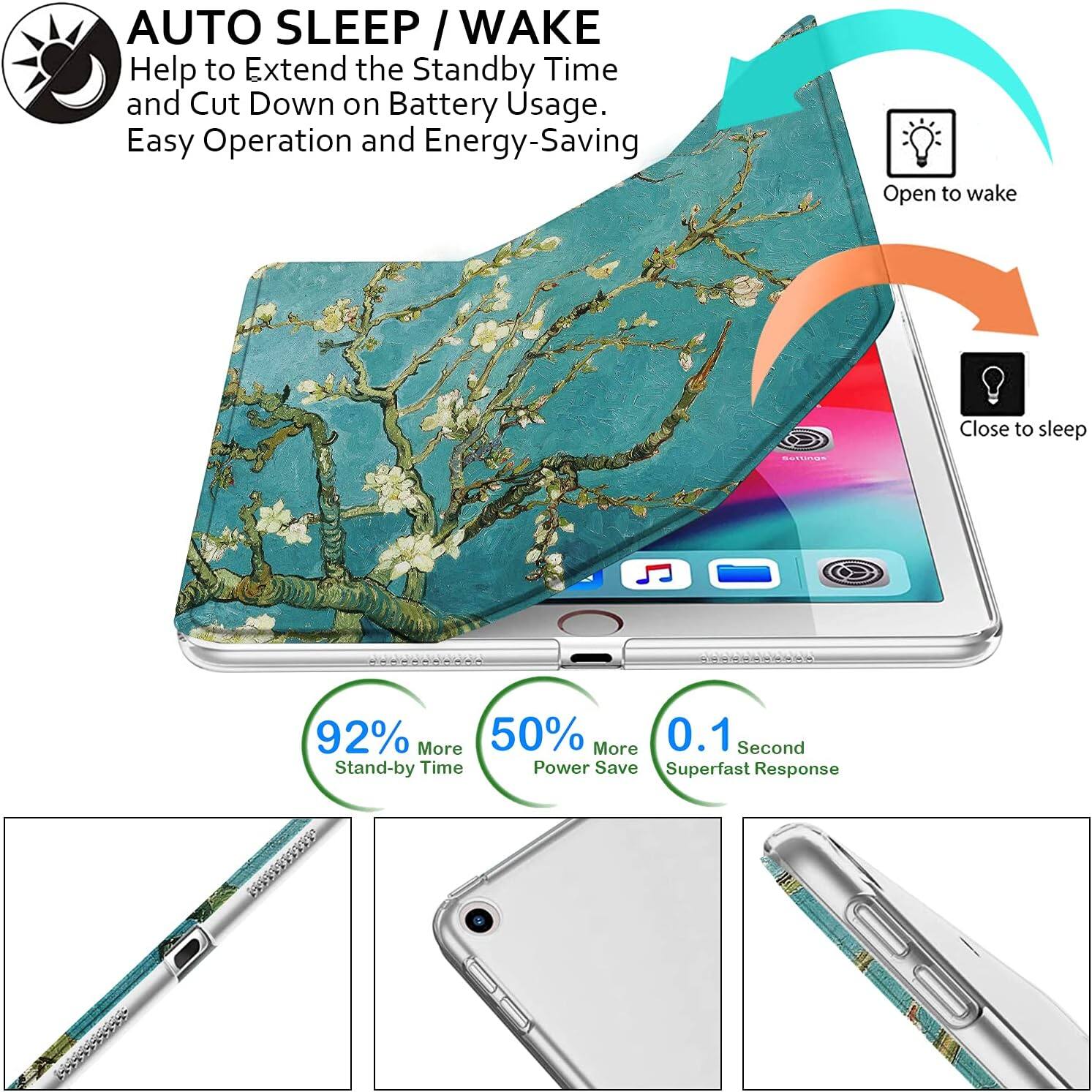 AUTO SLEEP / WAKE  
Help to Extend the Standby Time and Cut Down on Battery Usage.  
Easy Operation and Energy-Saving

Open to wake  
Close to sleep

Settings

92% More Stand-by Time  
50% More Power Save  
0.1 Second Superfast Response