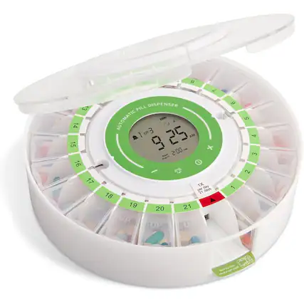 13 14 15 16 17 B 7 DISPENSER PILL AUTOMATIC M0 A OF 3 1 9 25 AM 2:00 PM + Real AarT - 1X day n days 21 18 19 21 20 UP UP U 6 1 5 4 3 2 De ouge UnaUa Buck nghs P the