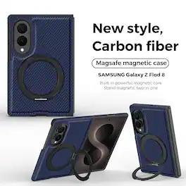 Dteck - Magnetic Carbon Fiber Pattern Case for Samsung Galaxy Z Fold8 with Stand, Shockproof Rigid Plastic Faux Leather Cover - Darkblue