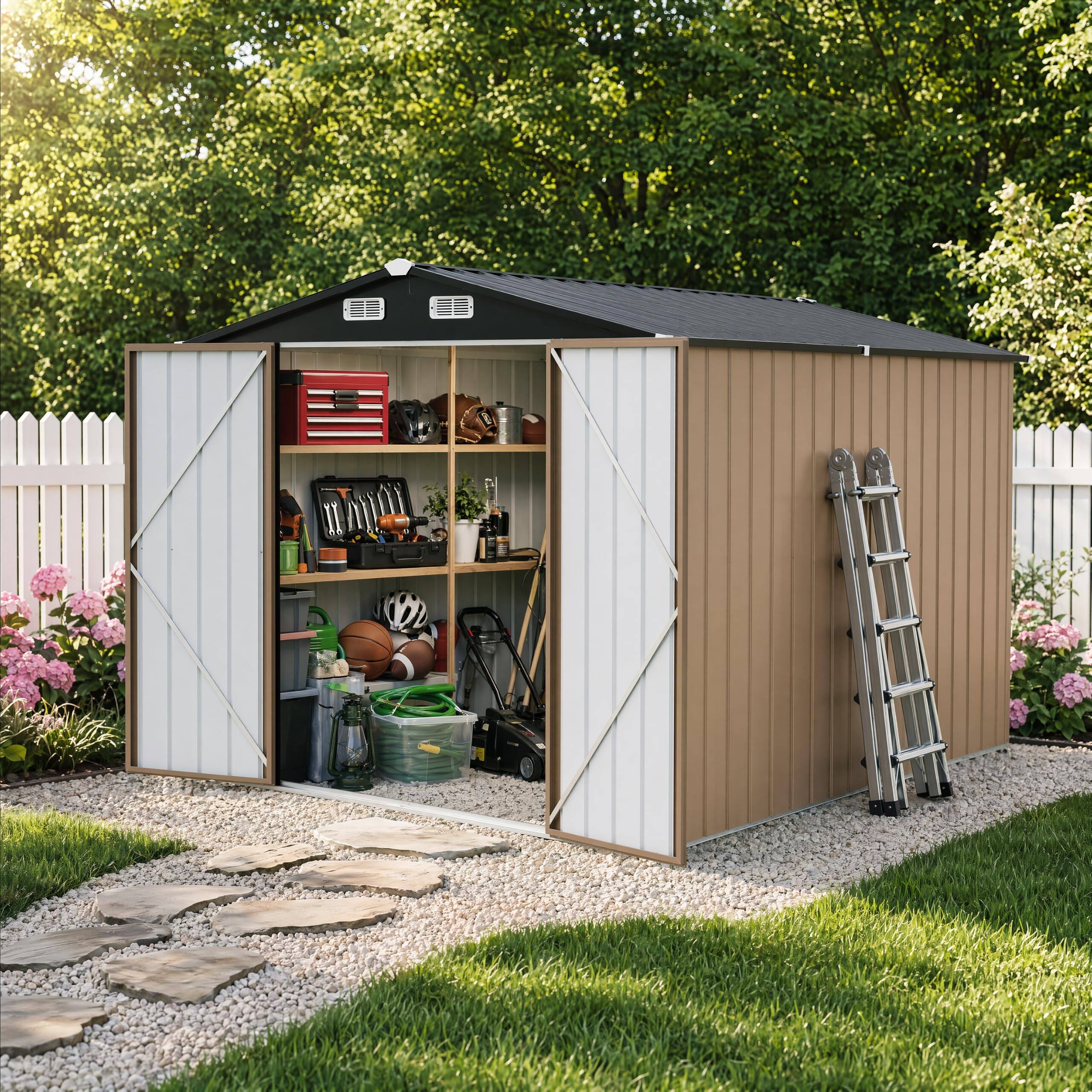 Left. LAUSAINT HOME - 8x10 FT Galvanized Steel Shed Double Lockable Doors Gable Roof and Vent for Backyard Patio Garden Brown - Brown.