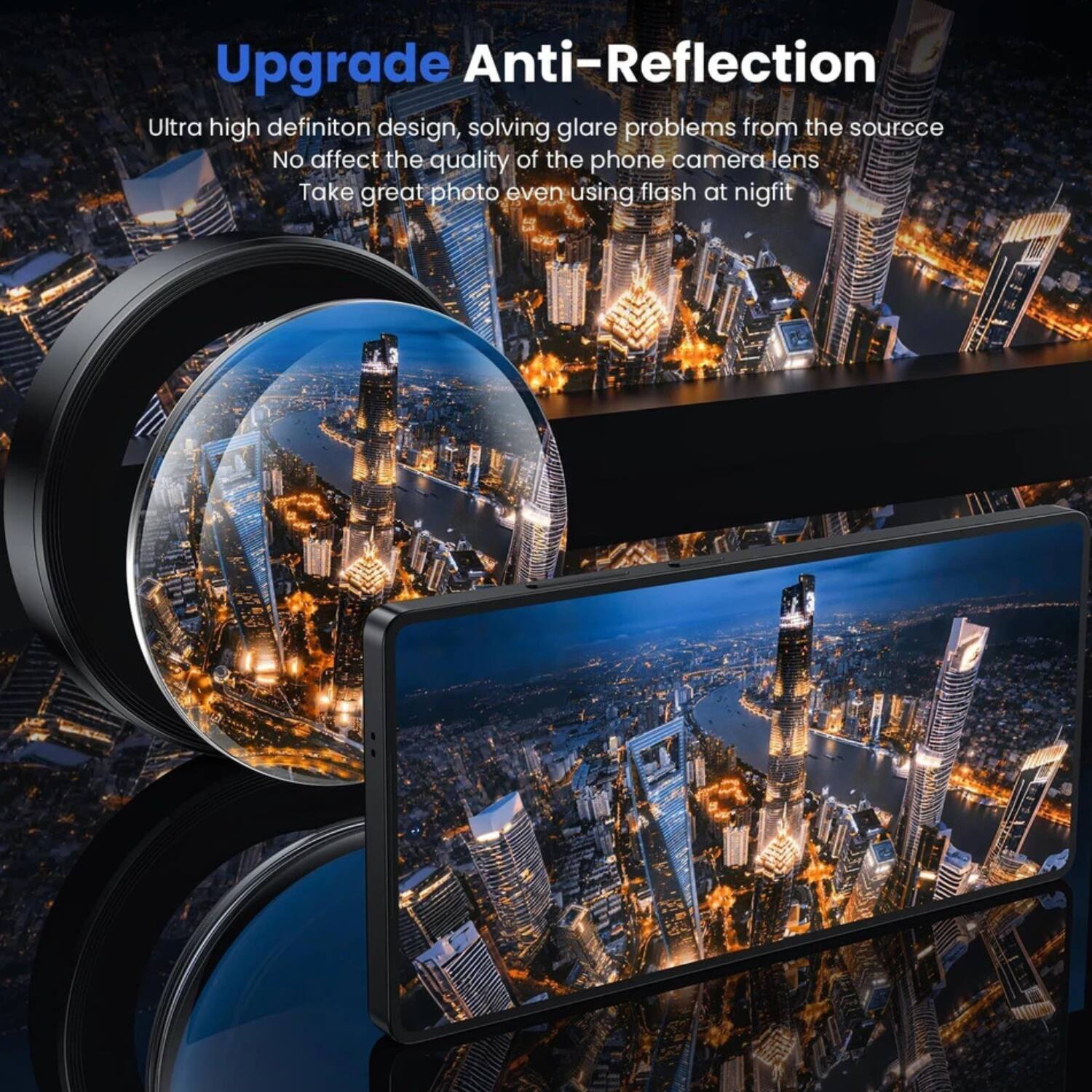 Upgrade Anti-Reflection

Ultra high definition design, solving glare problems from the source  
No affect the quality of the phone camera lens  
Take great photo even using flash at night