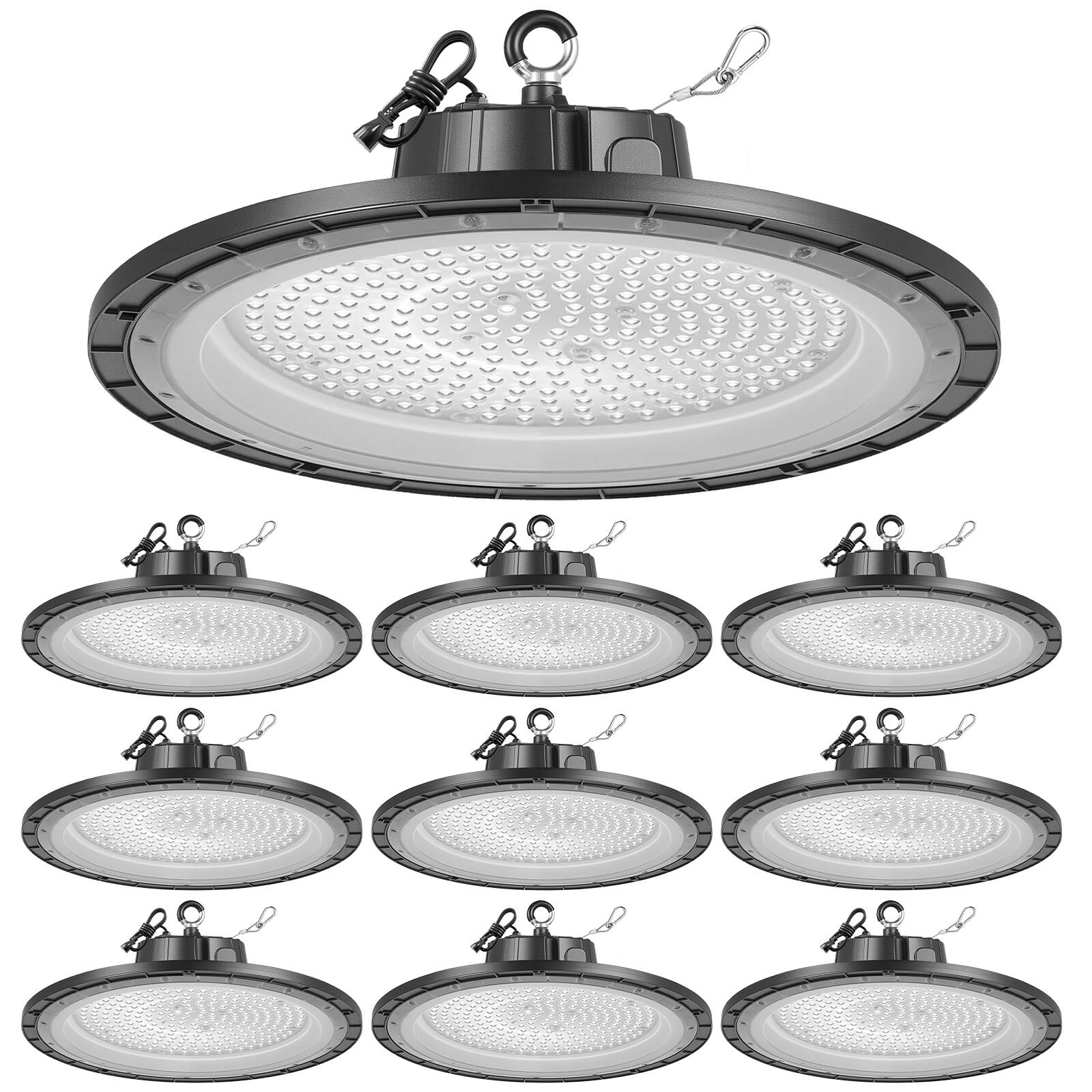 Front. VEVOR - 10 Pack LED High Bay Lights, 5000K 200W 30000LM Super Bright UFO LED Warehouse Shop Lights, IP65 Waterproof - Black.