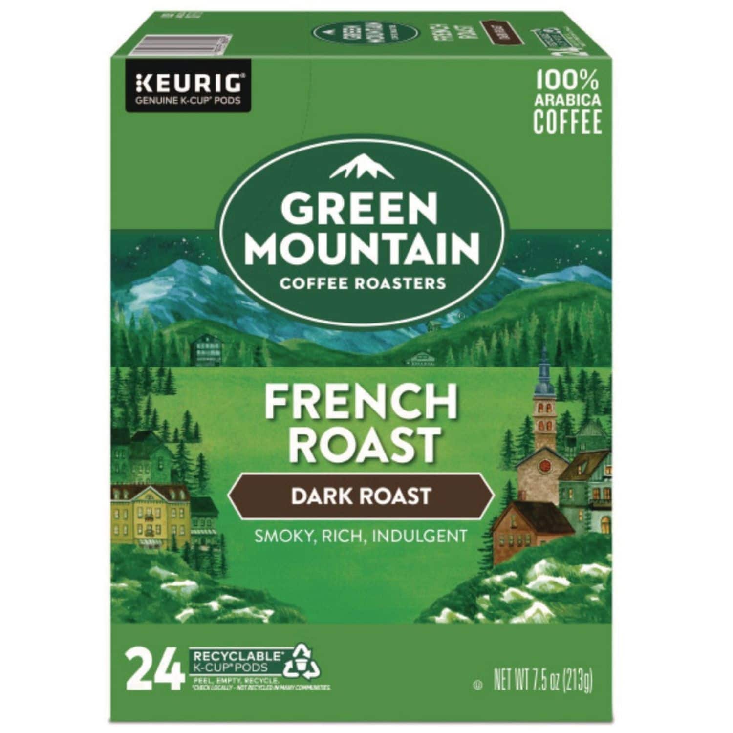 KEURIG GENUINE K-CUP PODS  
100% ARABICA COFFEE  
GREEN MOUNTAIN COFFEE ROASTERS  
FRENCH ROAST  
DARK ROAST  
SMOKY, RICH, INDULGENT  
RECYCLABLE  
24 K-CUP PODS  
NET WT 7.5 OZ (213g)