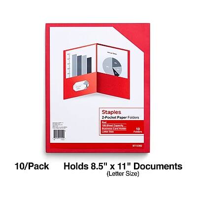 Staples 2-Pocket Paper Folders  
Red  
100# Cover  
10 Folders  
Holds 8.5" x 11" Documents (Letter Size)  
10/Pack