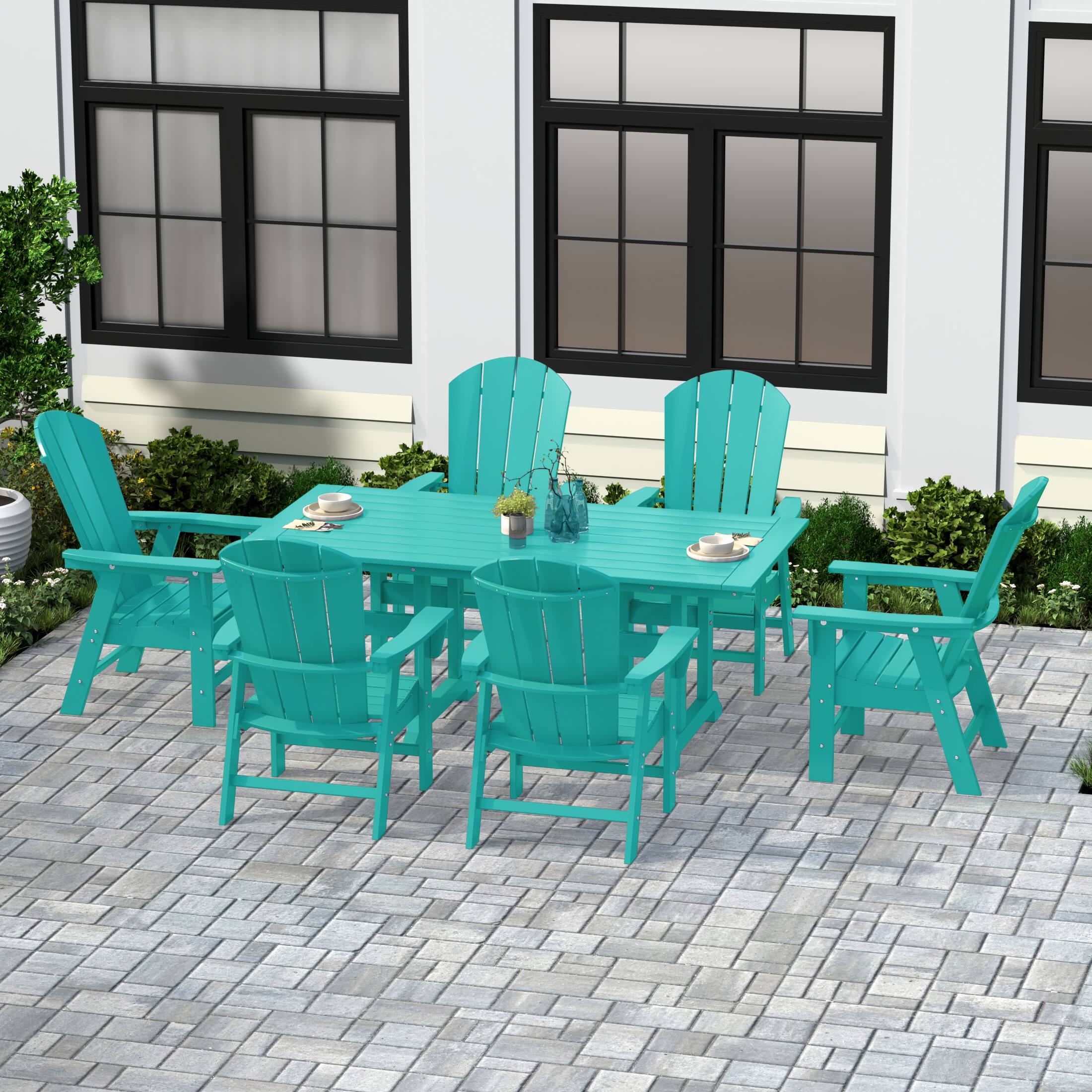 Angle. WestinTrends - WestinTrends Malibu 7 Piece Outdoor Patio Dining Table and Adirondack Armchair Set - Turquoise.