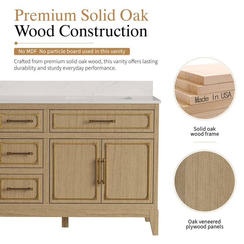Premium Solid Oak Wood Construction  
No MDF No particle board used in this vanity  
Crafted from premium solid oak wood, this vanity offers lasting durability and sturdy everyday performance.  
In USA  
Made Solid oak wood frame  
Oak veneered plywood panels