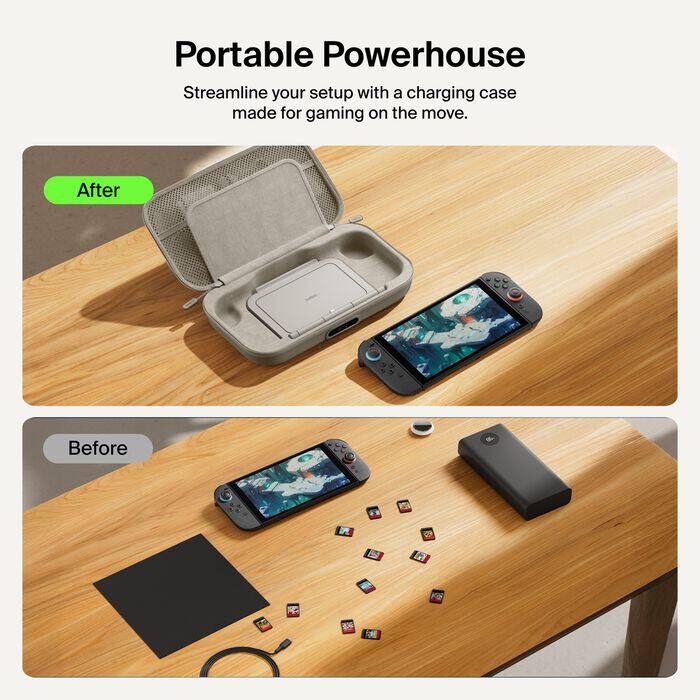 Portable Powerhouse  
Streamline your setup with a charging case made for gaming on the move.  

After  
Before