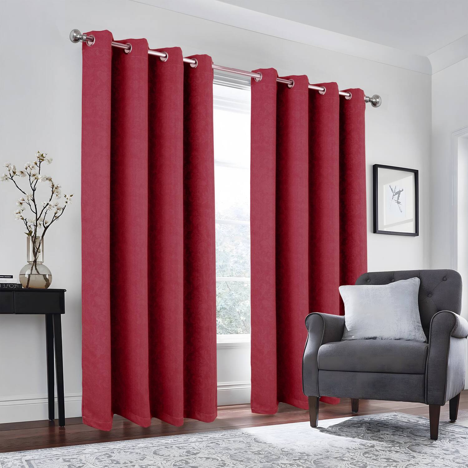 Left. Olivia Gray - Olivia Gray 100% Polyester 190 GSM Cressida Reversible Blackout Grommet Curtain Panel 54" x 90" Burgundy - Burgundy.