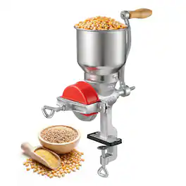 VEVOR - Manual Grain Mill with High Hopper, Hand-Crank Corn Grinder, Heavy Duty Cast Iron Wheat Grinding Mill with Stable Table - Silver