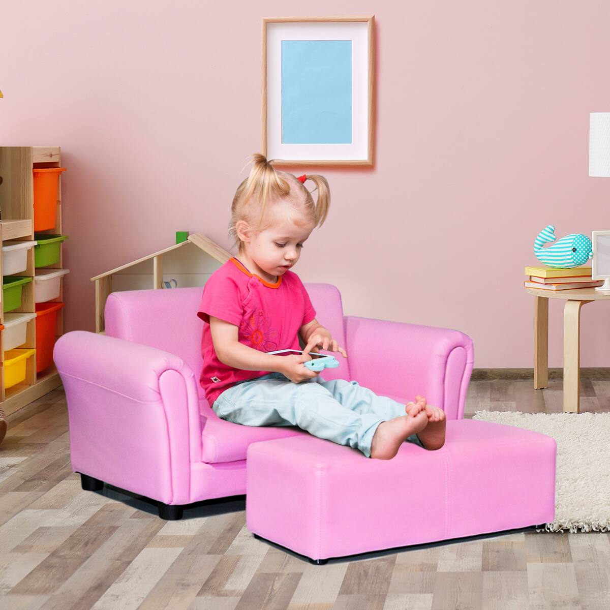 Alt View 1. Costway - Costway Pink Kids Sofa Armrest Chair Couch Lounge Children Birthday Gift w/ Ottoman - Pink.