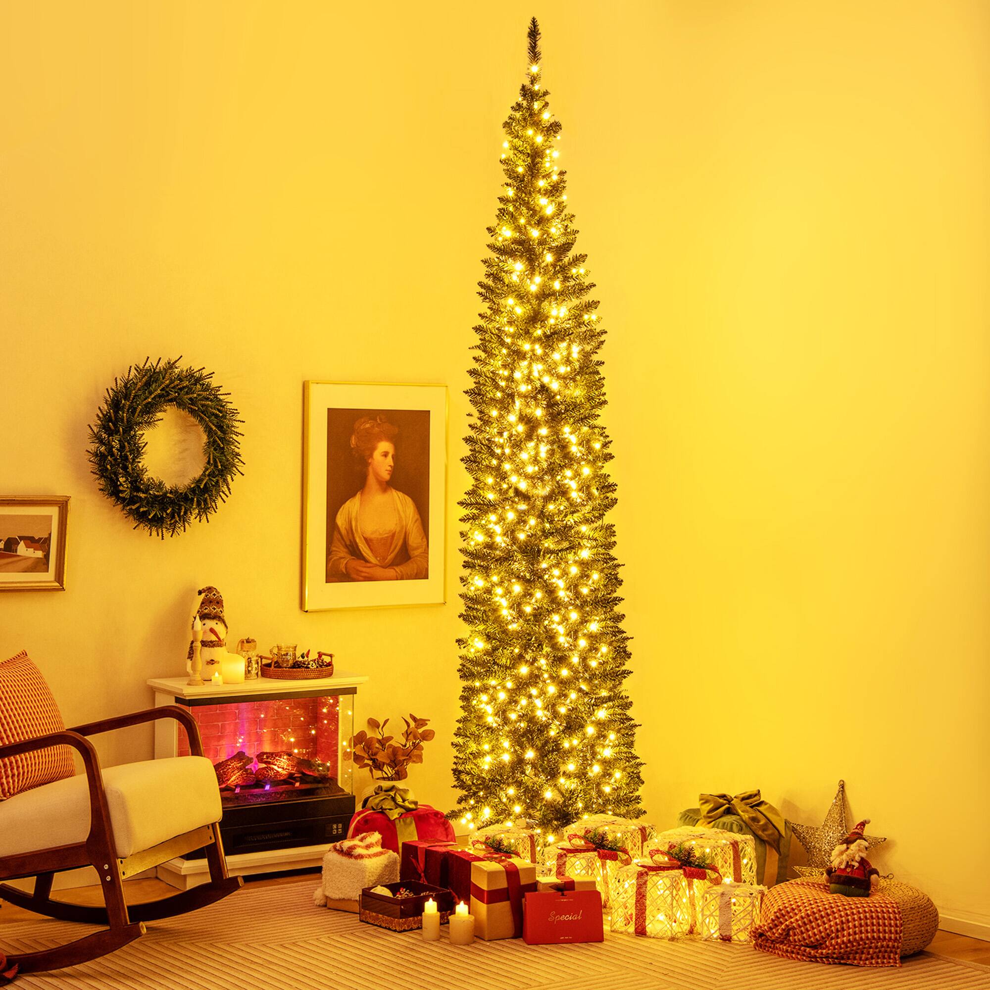 Alt View 2. Gymax - Gymax 9 ft Pre-Lit Artificial Christmas Tree Slim Pencil Xmas Tree Holiday Party Decor - Green.