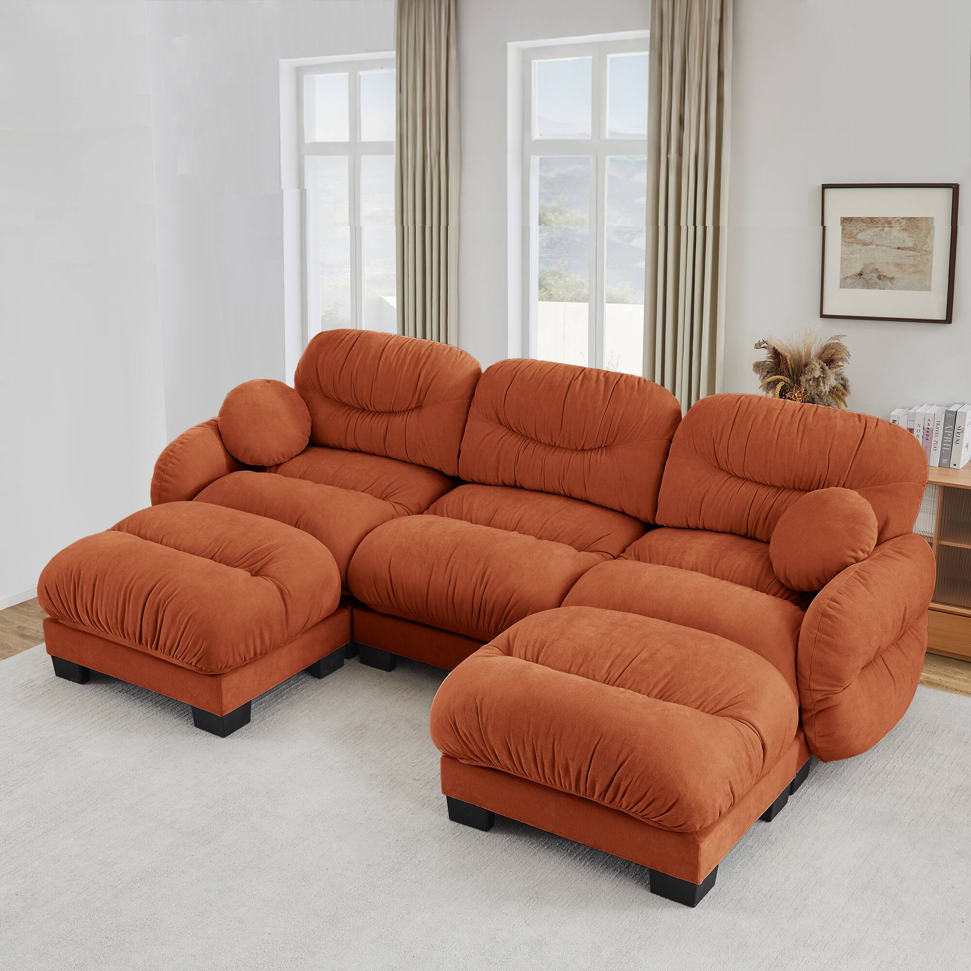 Angle. Anysun - 3-Seater U Shape Sectional Couch with 2 Ottomans, Chenille Fabric, High-Density Foam & Curved Armrests for Living Room - Orange.
