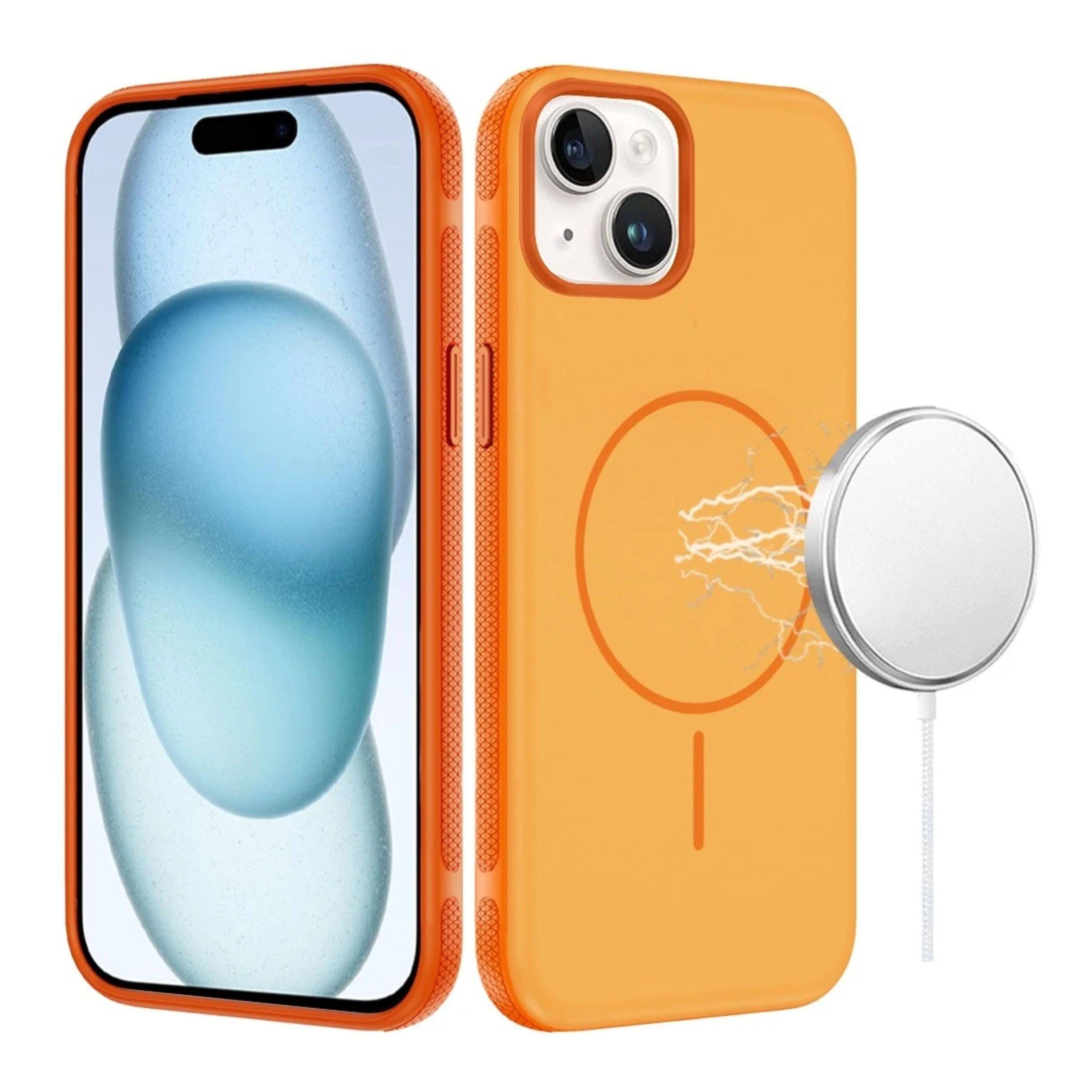 Angle. Kitcheniva - Rugged Side Grip Magnetic Circle Phone Case With 2 Pcs Tempered Glass For iPhone 15 Plus - Cosmic Orange.