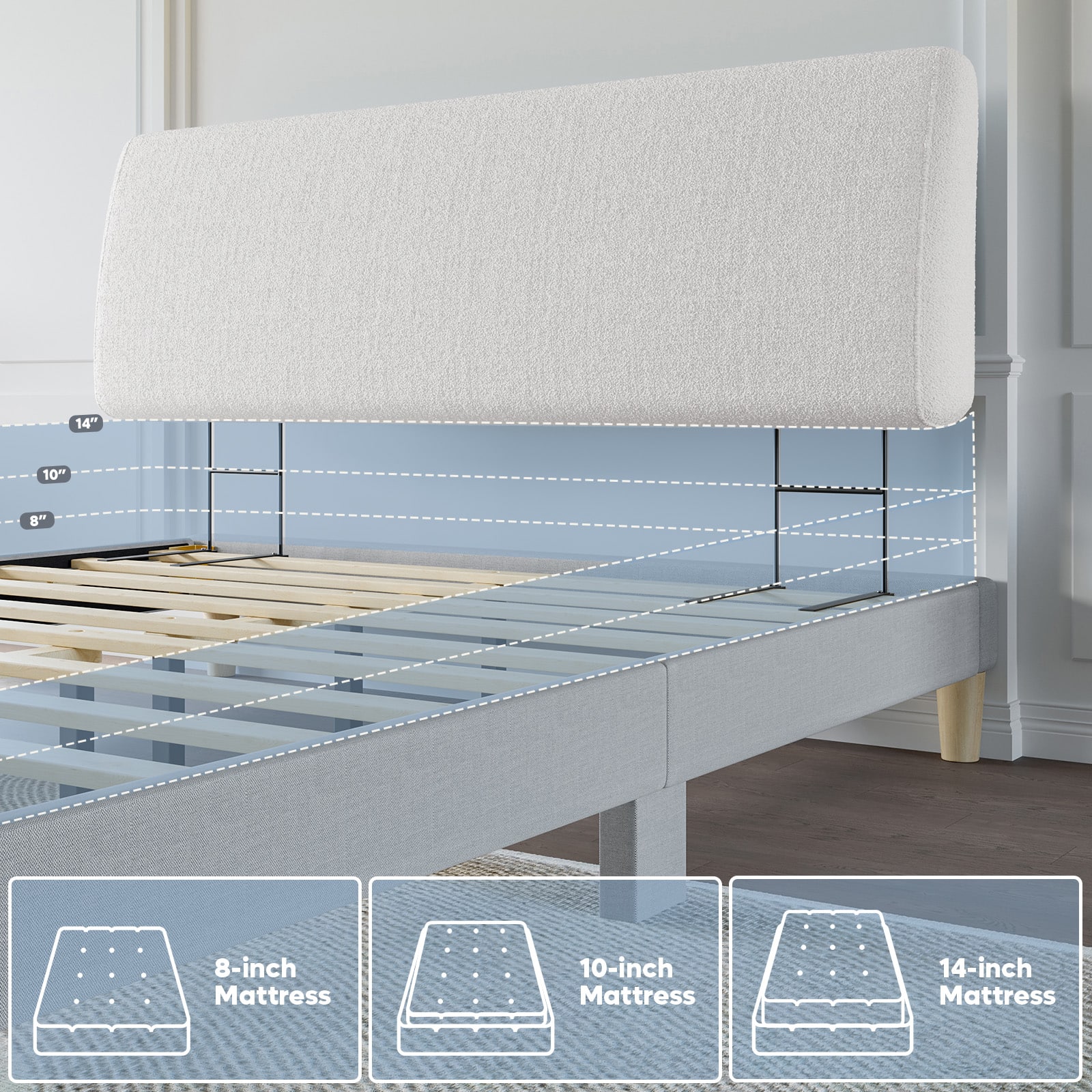 The text on the image shows the dimensions of the mattress in various sizes. The smallest mattress is 8 inches, while the largest mattress is 14 inches. The 8-inch mattress is also referred to as a 10-inch mattress, and the 10-inch mattress is also referred to as a 14-inch mattress.