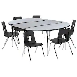 Flash Furniture - Emmy 86" Oval Wave Flexible Laminate Activity Table Set with 16" Student Stack Chairs, Grey/Black - Gray