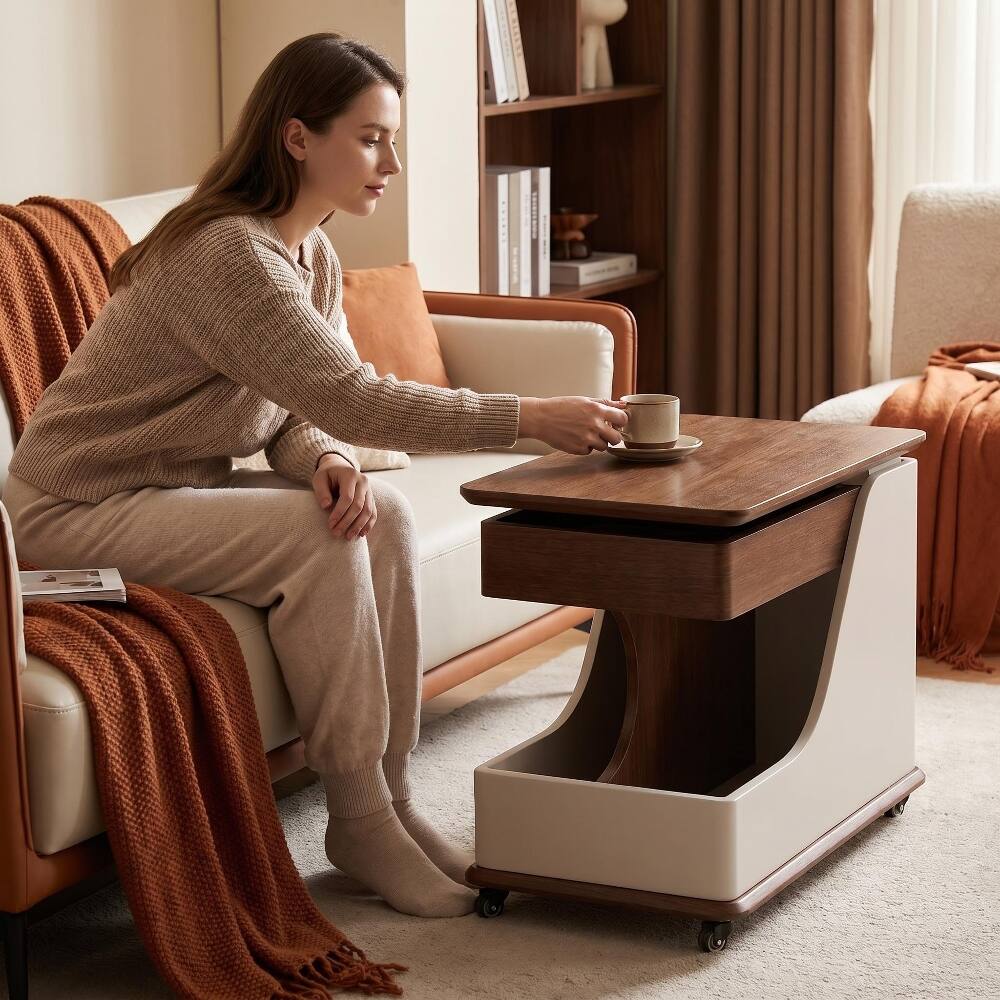 Back. Loheer - Loheer Adjustable Height Side Table Movable Coffee Table with Storage Cupboards Portable Rolling Table Off-White Walnut - Off-White and Walnut.
