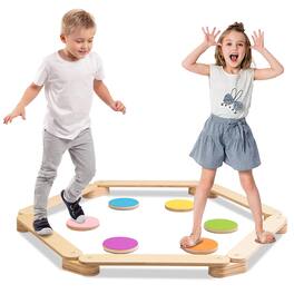 Gymax - Kids Wooden Balance Beam with Colorful Steeping Stones 12 Piece Obstacle Course - Beige