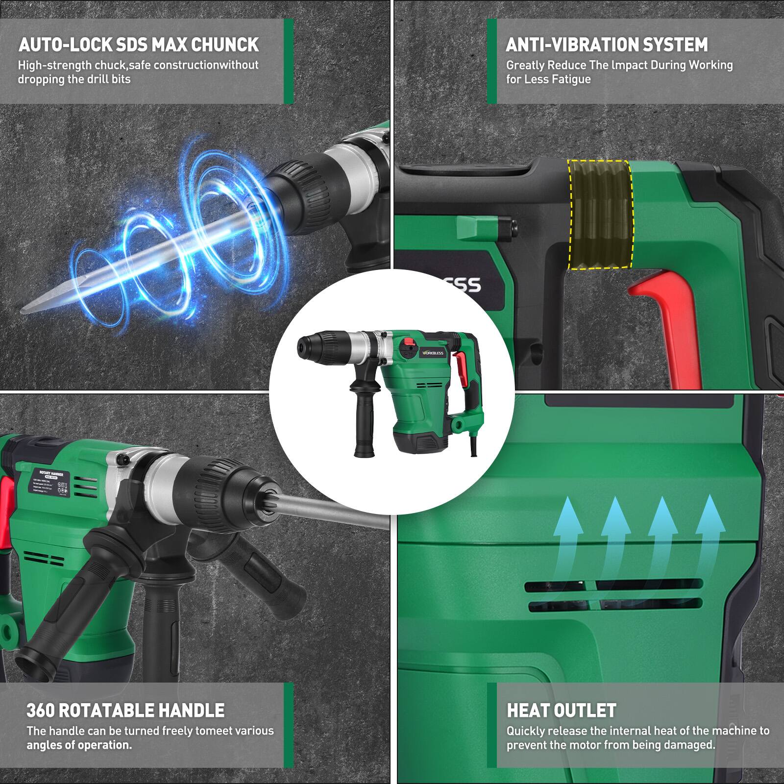 AUTO-LOCK SDS MAX CHUCK  
High-strength chuck, safe construction without dropping the drill bits

ANTI-VIBRATION SYSTEM  
Greatly Reduce The Impact During Working for Less Fatigue

360 ROTATABLE HANDLE  
The handle can be turned freely to meet various angles of operation.

HEAT OUTLET  
Quickly release the internal heat of the machine to prevent the motor from being damaged.