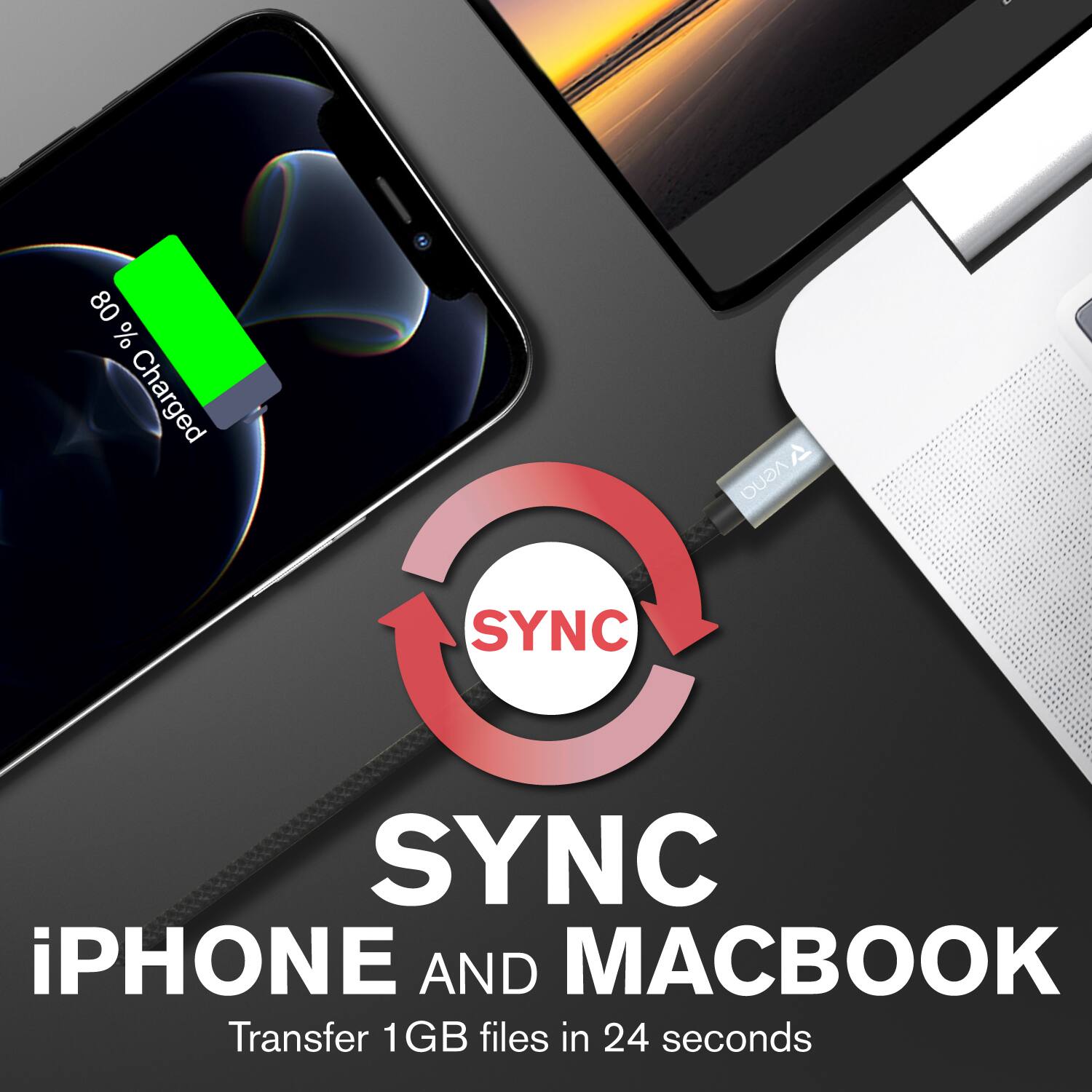 80% Charged

SYNC

SYNC iPhone and MacBook

Transfer 1GB files in 24 seconds