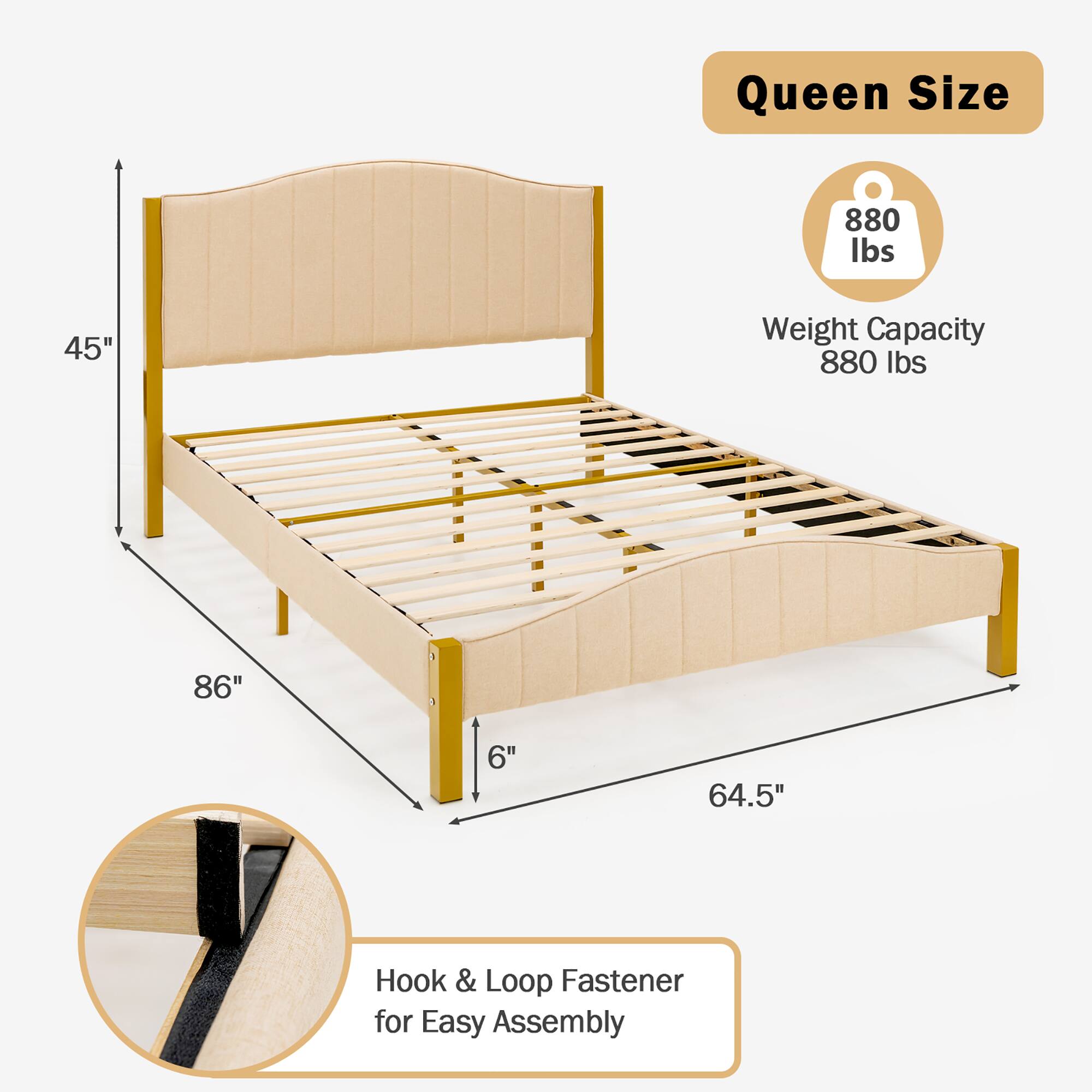 Alt View 3. Costway - Costway Queen Size Upholstered Bed Frame Mattress Foundation Platform Quilted Headboard - Gold,Beige.