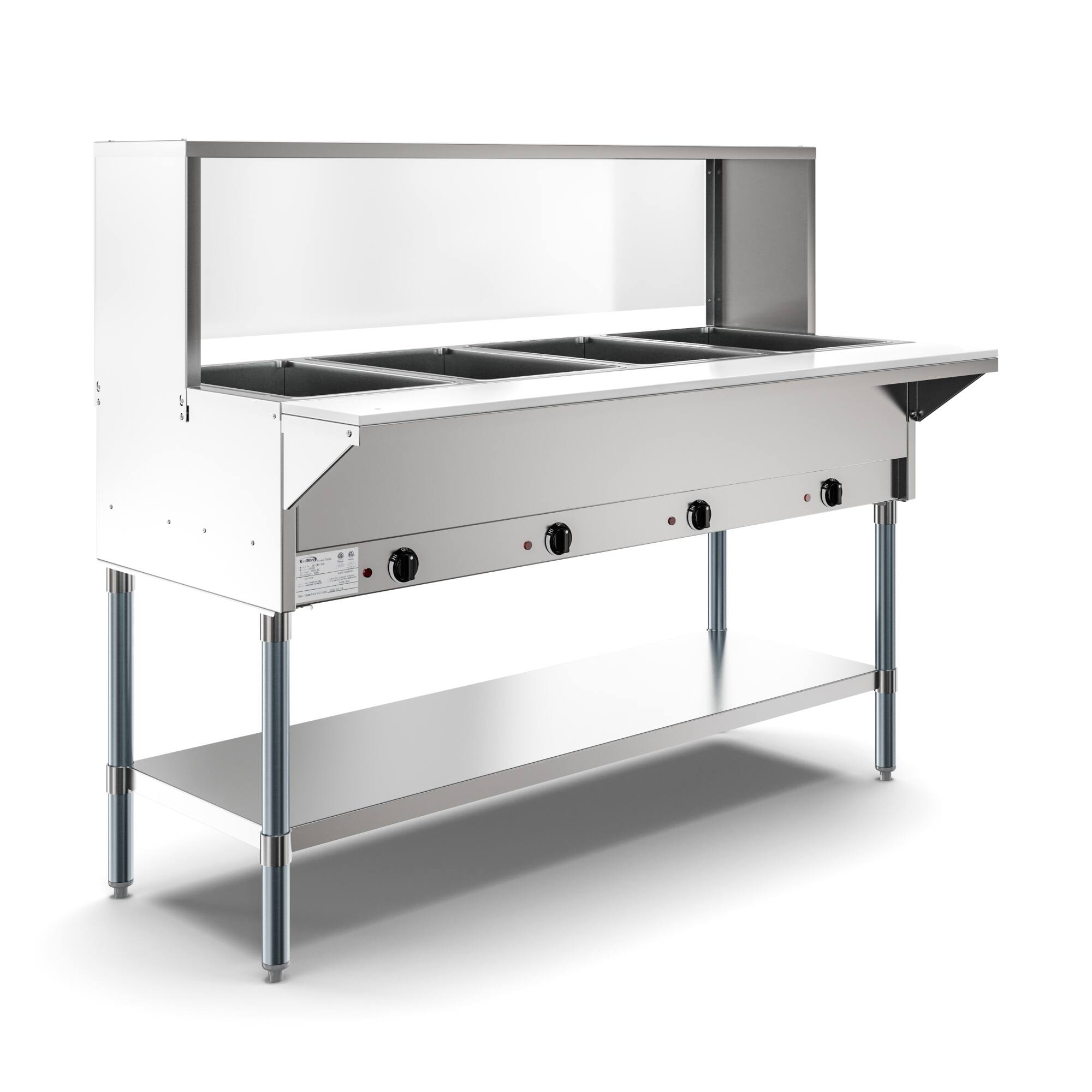 Back. Koolmore - Four Pan Open Well Electric Steam Table with Undershelf and Sneeze-Guard, KM-OWS-4SG. - Silver.