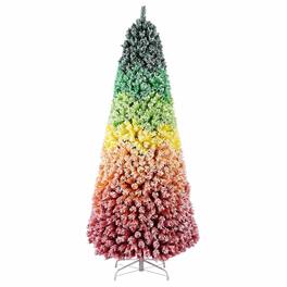 RYHNUYNE - 6Ft Rainbow Gradient Flocked PVC Christmas Tree, 1326 Tips Full-Bodied Pine Snowy Finish Hinged Design - Colorful