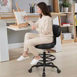 Brick Attic - Drafting Chair with Backrest, PU Leather Adjustable Foot Rest Stool with Wheels for Office Spa Studio Lab Counter Salon - Black