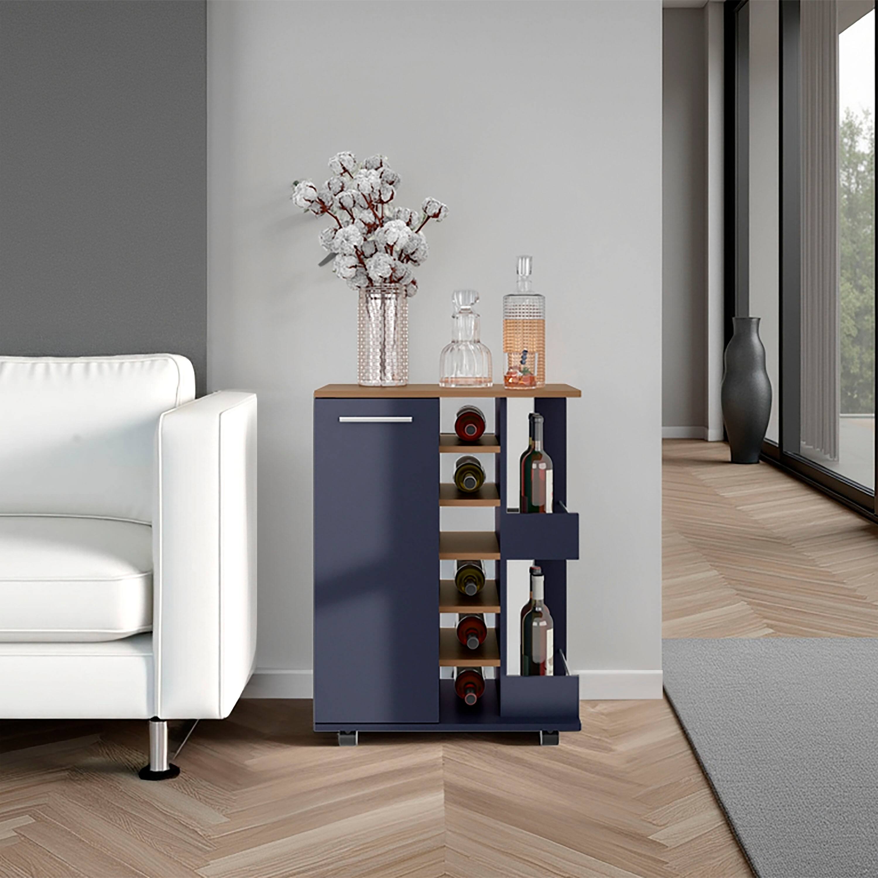 Angle. TuHome - Bar Cart, Two External Shelves, Four Casters, Six Built-In Wine Rack, Single Door Cabinet, Bar Room. - Natural Oak, Blue.