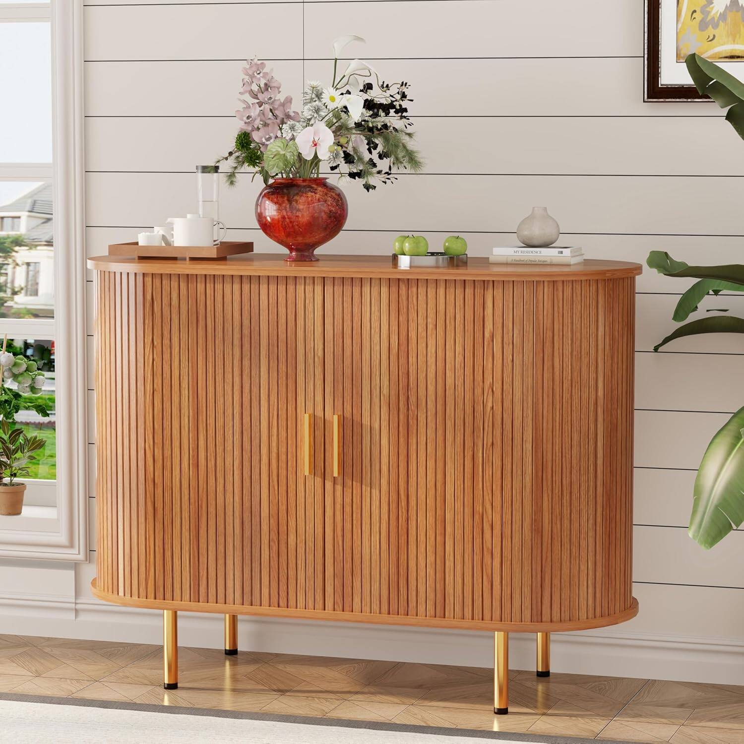 Alt View 4. Tiramisubest - 40 Inch Storage Cabinet,Fluted Sideboard Buffet Cabinet with Tambour Sliding Doors & Adjustable Shelf (ellow Walnut) - Yellow Walnut.