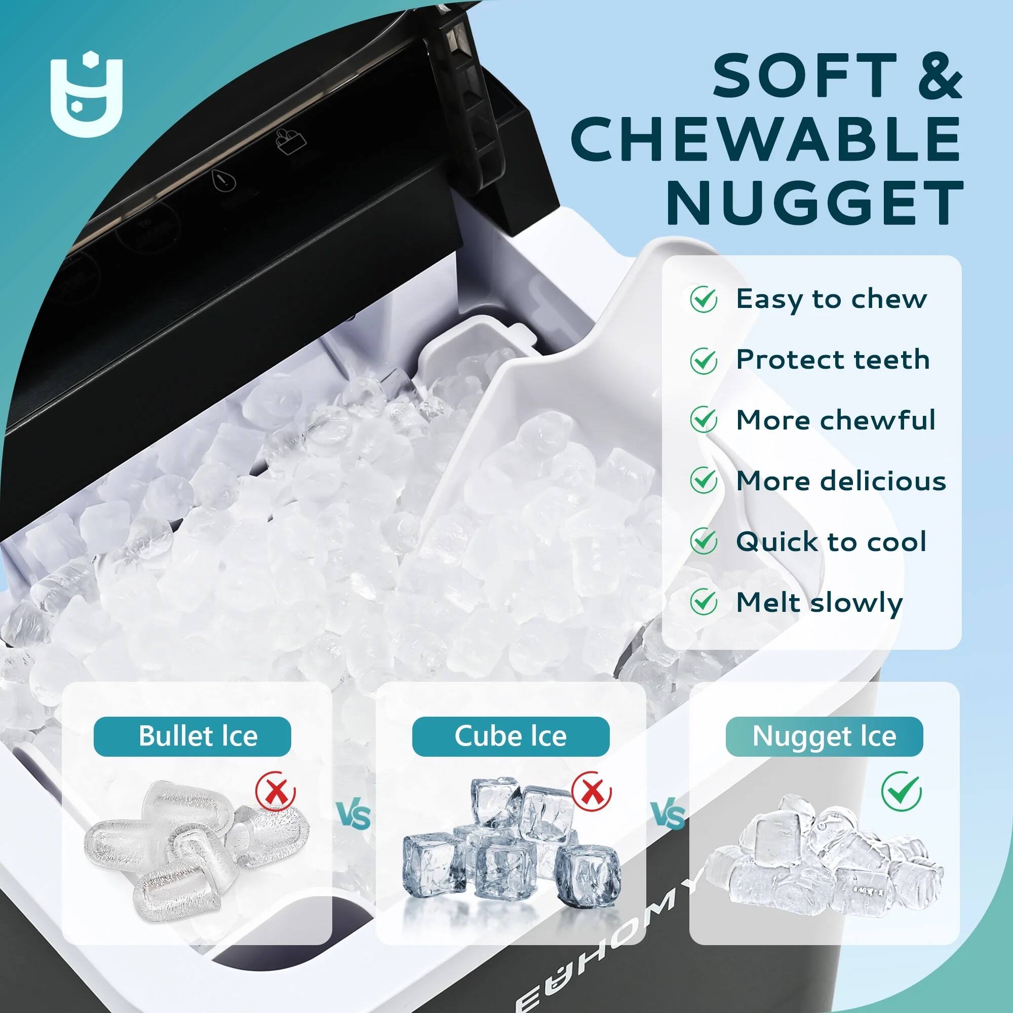 **SOFT & CHEWABLE NUGGET**

- Easy to chew
- Protect teeth
- More chewful
- More delicious
- Quick to cool
- Melt slowly

**Bullet Ice** ❌ vs **Cube Ice** ❌ vs **Nugget Ice** ✅