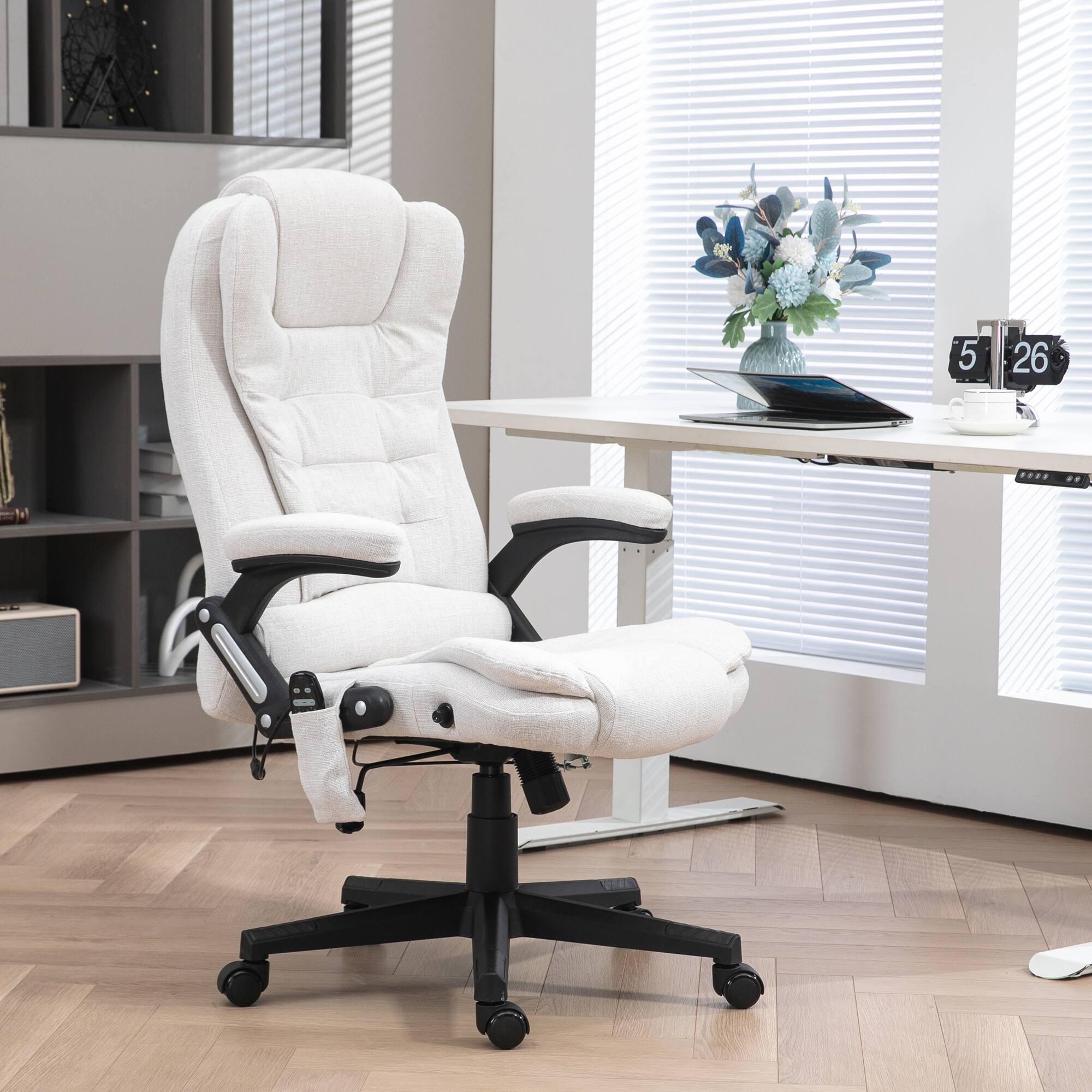 Alt View 2. Homcom - 6 Point Vibrating Massage Office Chair with Heat, Linen High Back Executive Chair with Reclining Backrest and Remote - Cream White.