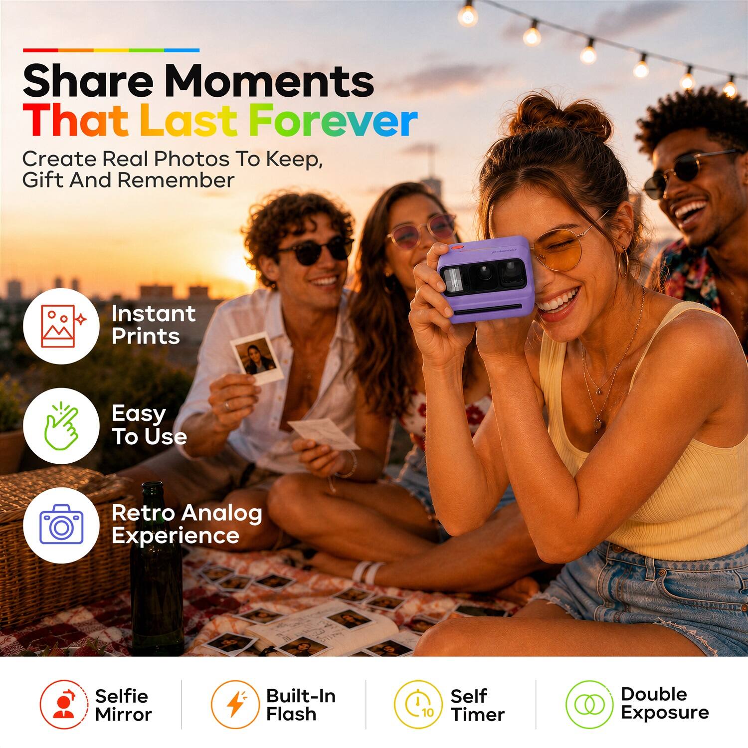 Share Moments That Last Forever  
Create Real Photos To Keep, Gift And Remember  
Instant Prints  
Easy To Use  
Retro Analog Experience  
Selfie Mirror  
Built-In Flash  
Self Timer 10  
Double Exposure