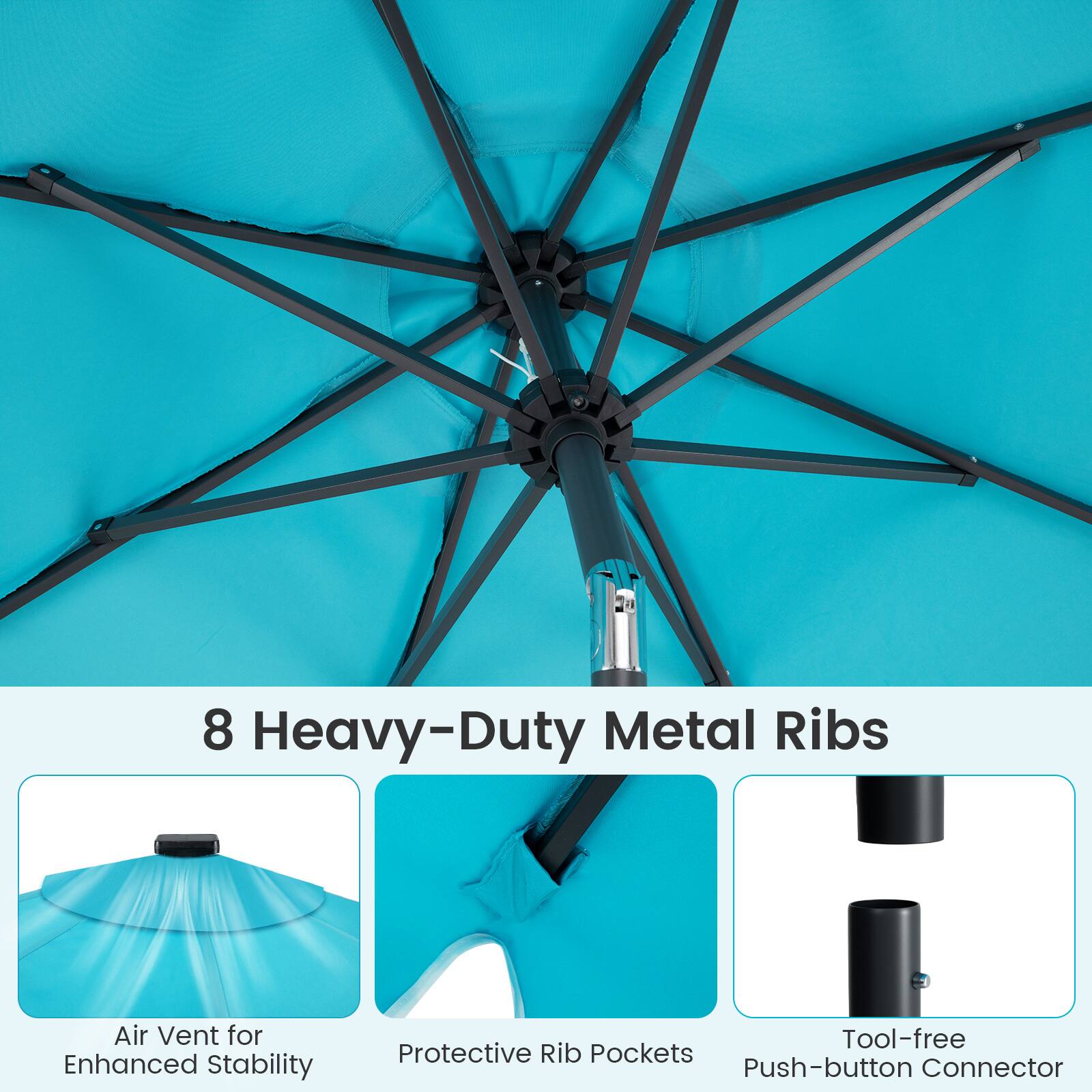 8 Heavy-Duty Metal Ribs  
Air Vent for Enhanced Stability  
Tool-free Protective Rib Pockets  
Push-button Connector