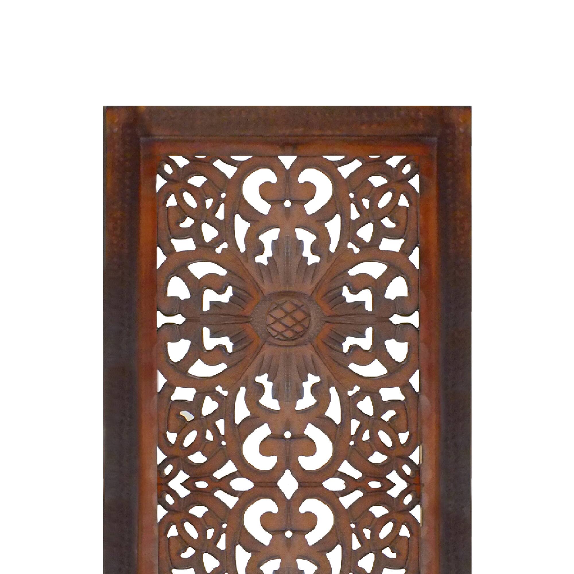Alt View 2. Manhattan Lane - Set of 2 Hand Carved Mango Wood Wall Panels: Burnt Brown Medallion Design - Brown.