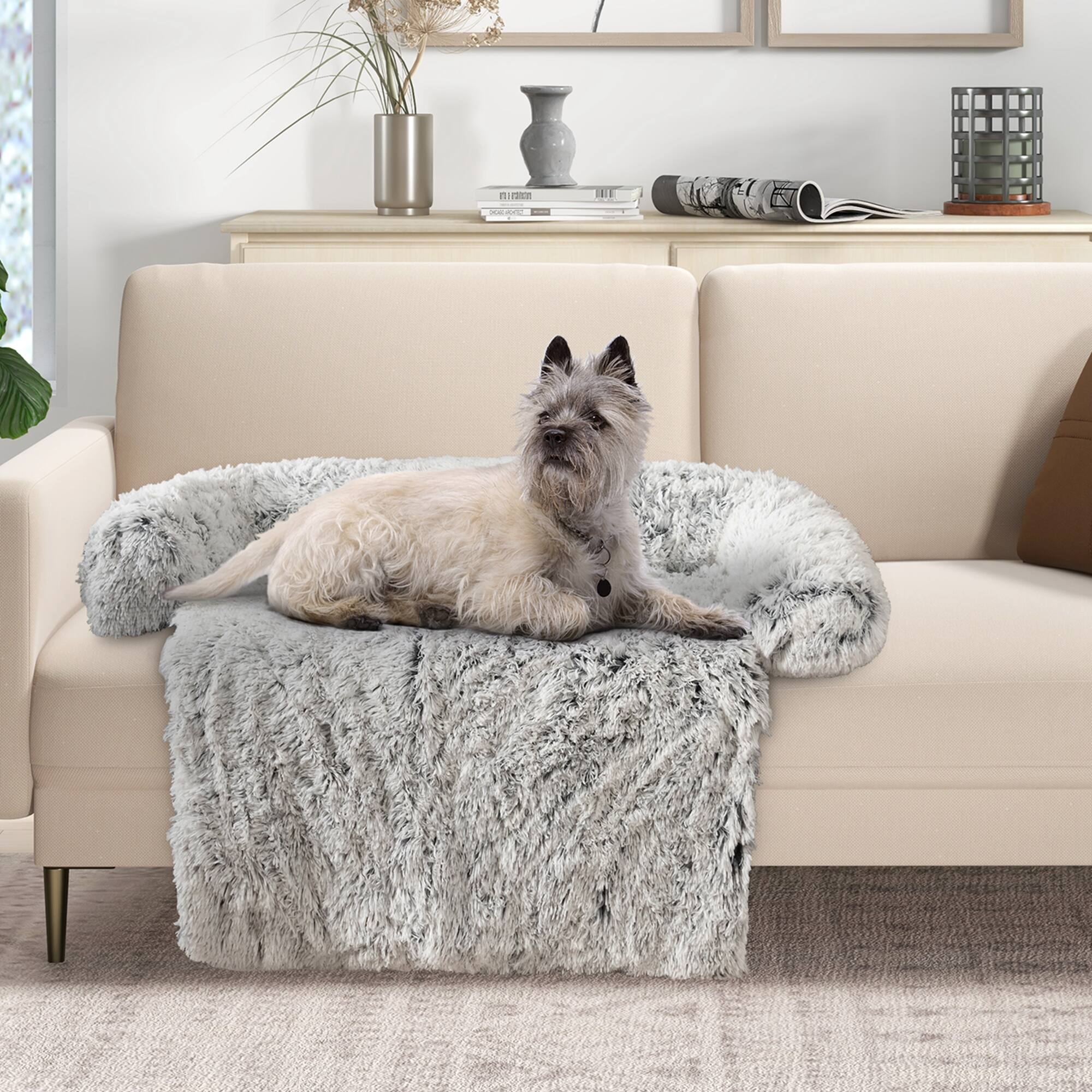 Alt View 1. Costway - Costway Plush Calming Dog Couch Bed with Anti-Slip Bottom Plush Mat for Medium Dogs & Cats - Gray.
