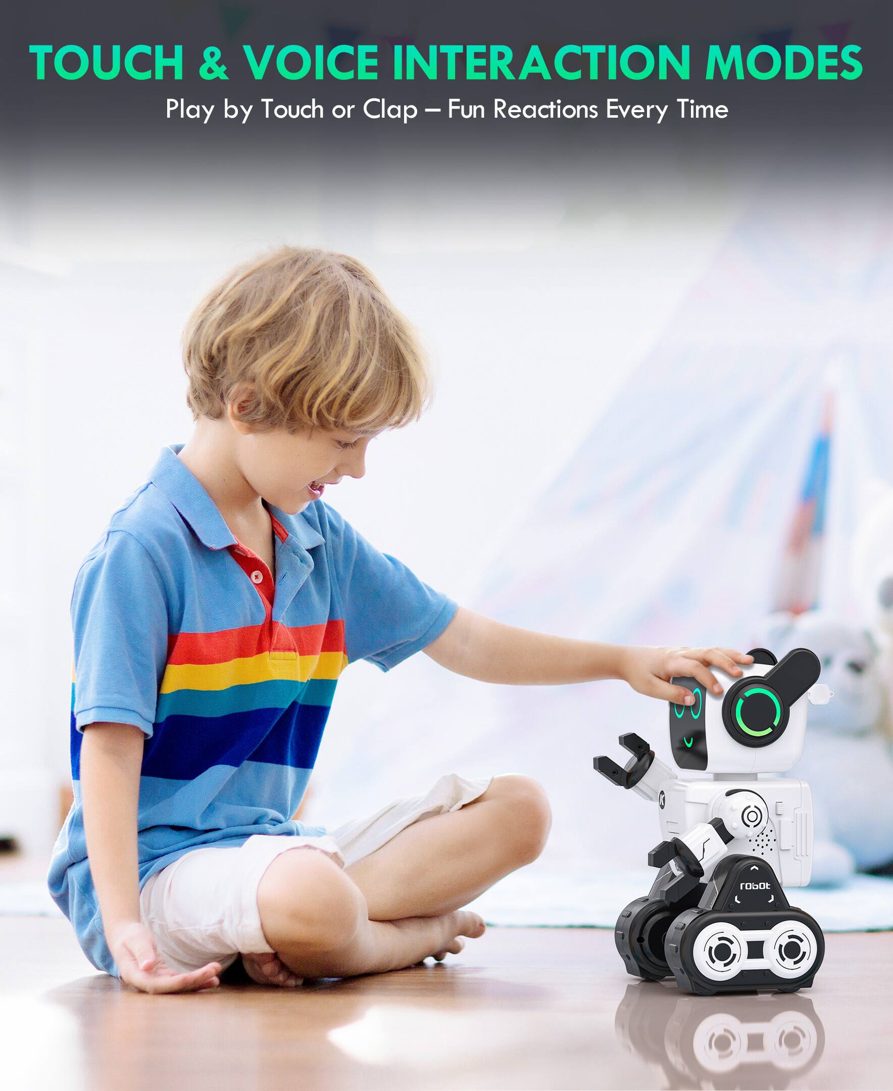 TOUCH & VOICE INTERACTION MODES  
Play by Touch or Clap – Fun Reactions Every Time