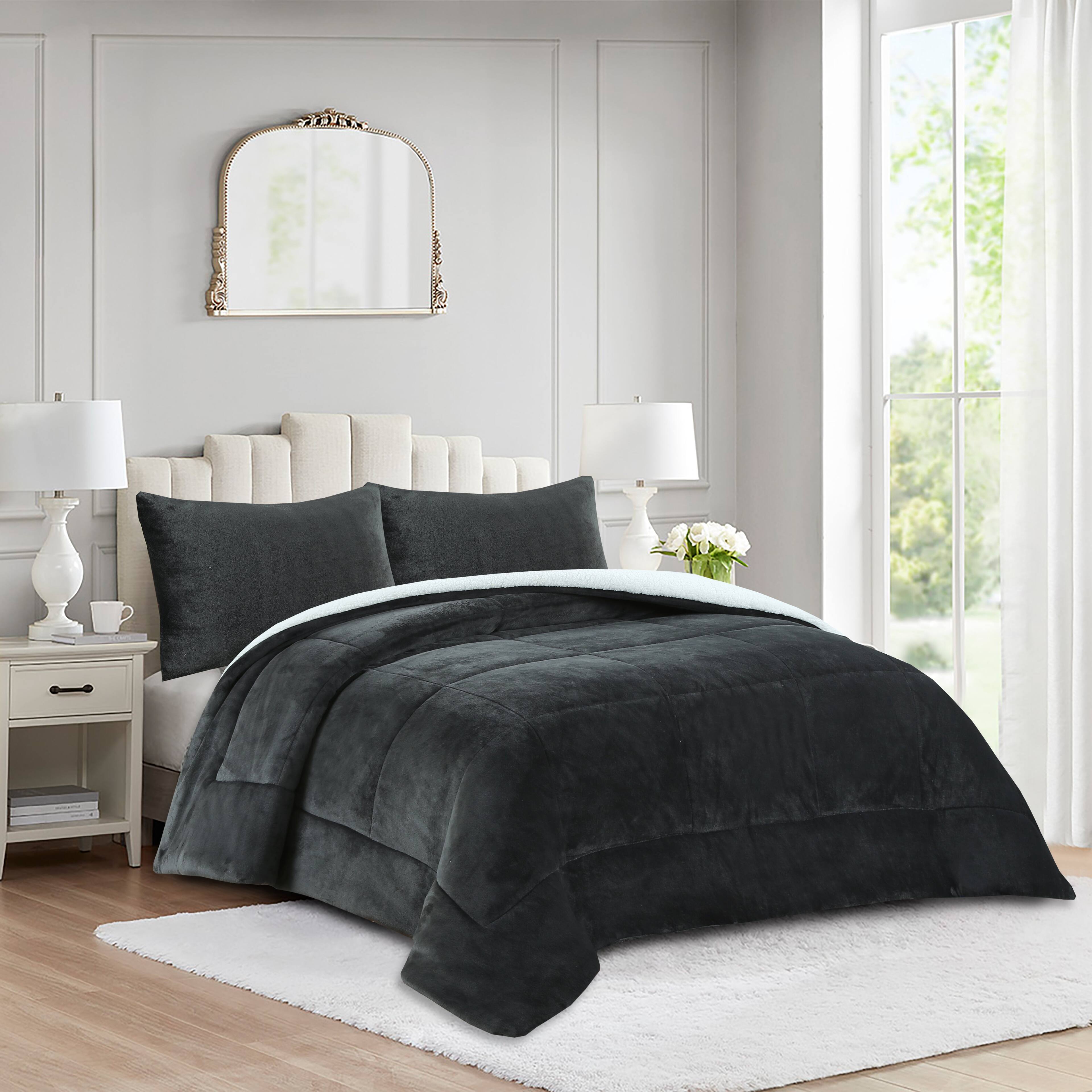 Angle. MarCielo - MarCielo 3 Piece Soft Micromink Fluffy Ultra Cozy Sherpa Comforter Set - Grey.