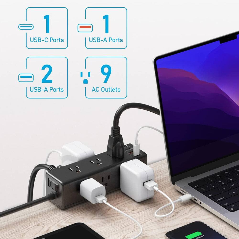 1 USB-C Port  
1 USB-A Port  
2 USB-A Ports  
9 AC Outlets  
Charges