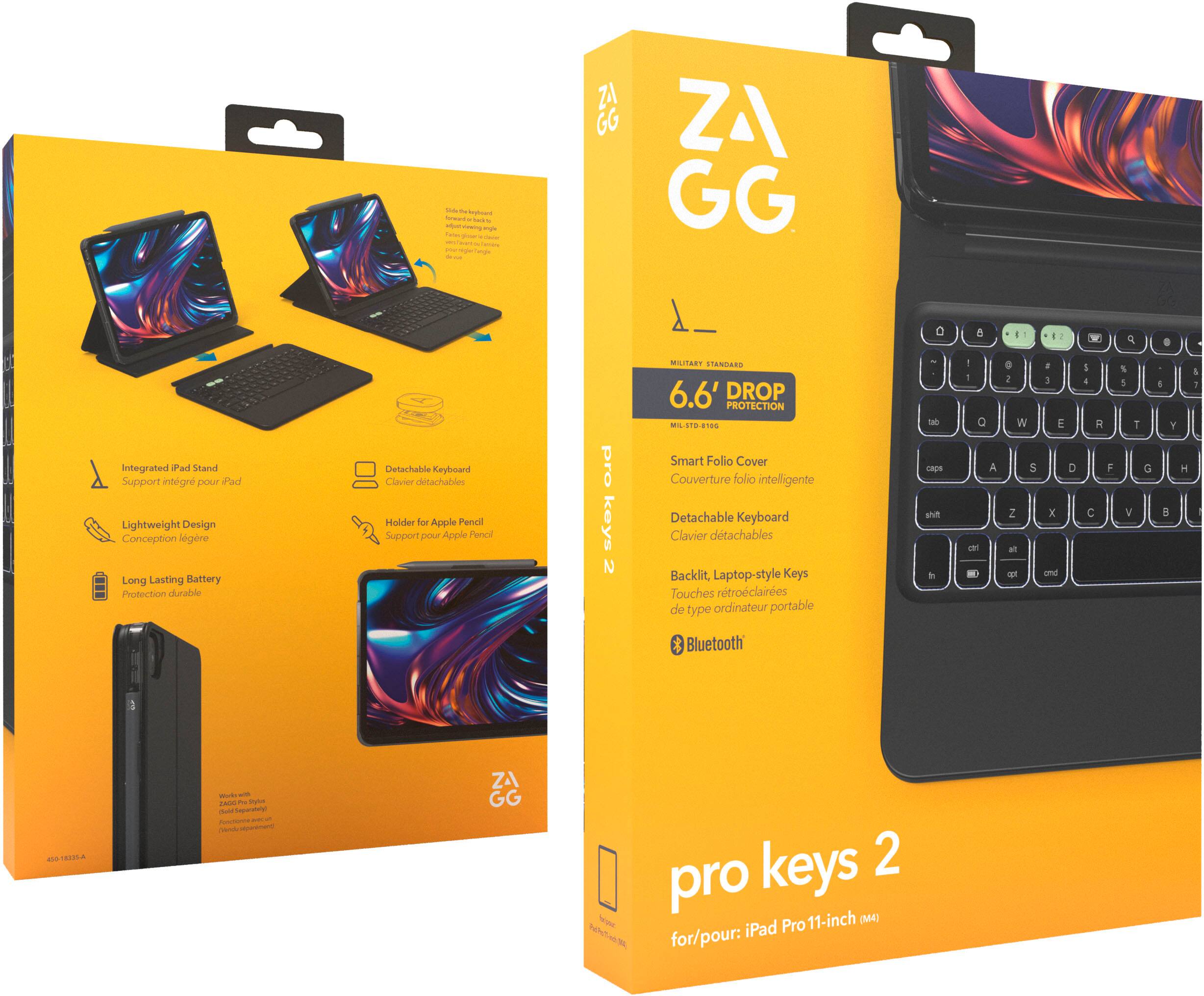 * ZAGG Pro Keys 2
* 11-inch iPad Pro
* Detachable Keyboard
* Apple Pencil Holder
* Smart Folio Cover
* Military-grade 6.6' drop protection
* Backlit, laptop-style keys
* Touches of typewriter keys
* Lightweight design
* Long-lasting battery protection
* Durable
* Integrated Pad and Apple Pencil support
* Made in USA