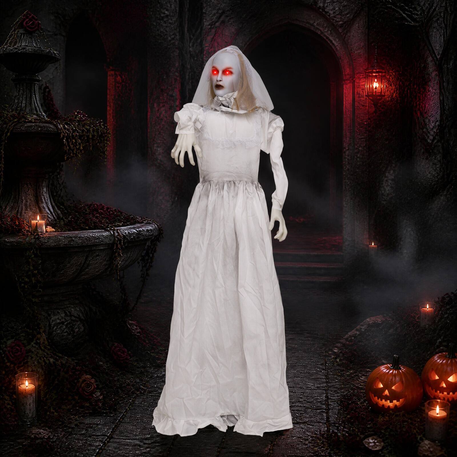 Alt View 4. Costway - Costway Life-size Bride-to-Hag Halloween Animatronics with Glowing Eyes, Creepy Sounds - White.