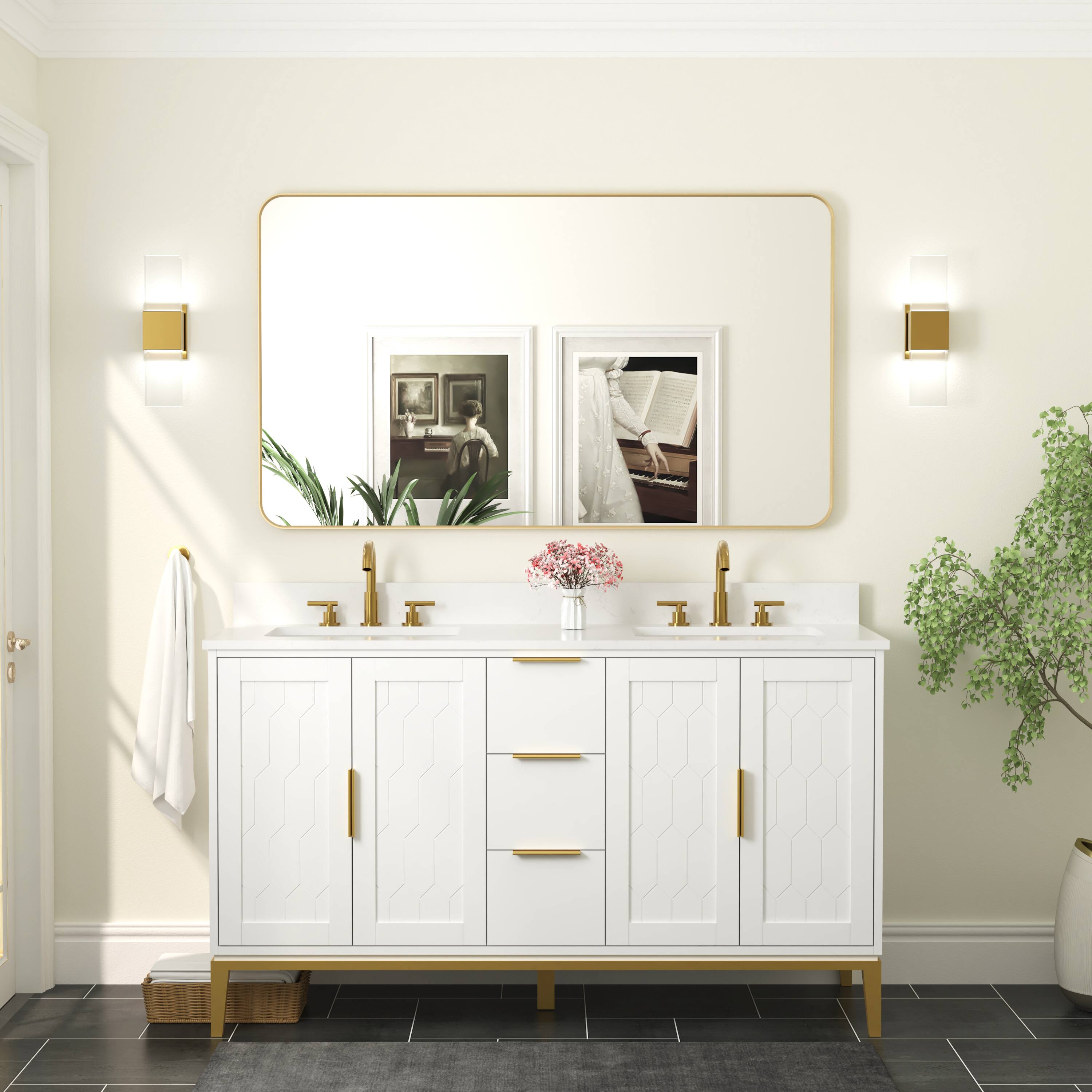 Angle. WELLFOR - 55 in. W x 32 in. H Rectangular Aluminum Framed Wall Bathroom Vanity Mirro - Brushed Gold.
