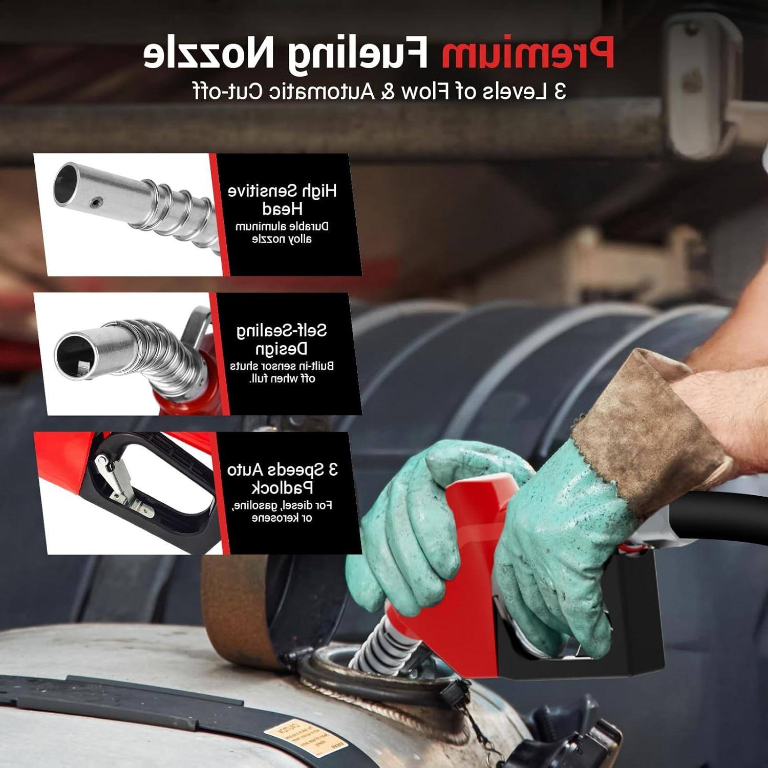 Sure, here is the corrected and grouped text from the image:

---

**Premium Fuel Nozzle**

- **Automatic Cut-off & Flow of Levels 3 Sensitive High Head**
  - Aluminum Durable nozzle alloy
  - Self-Sealing Design
  - Built-in sensor

- **Self-Stop Design**
  - Built-in sensor shuts off when full

- **2 Stage Lock**
  - Padlock gasoline, diesel, kerosene
  - 10 bar pressure
  - 10 bar pressure

---

This text is organized to reflect the features and specifications of the premium fuel nozzle.