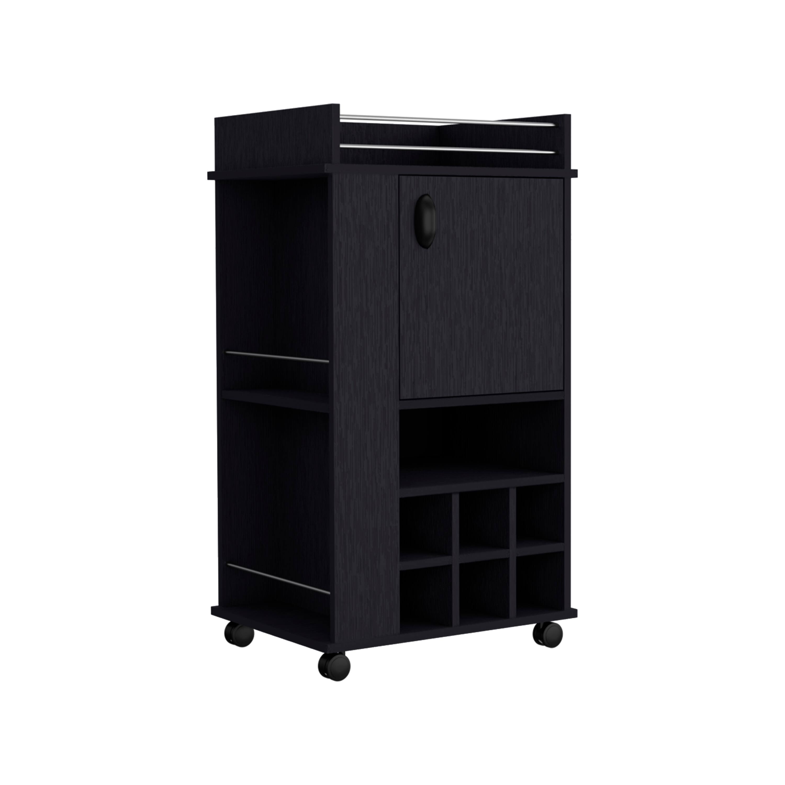 Front. TuHome - Fargo Bar Cart with Cabinet, 6 Built-In Wine Rack, Casters, Living Room or Bar Room - Black.