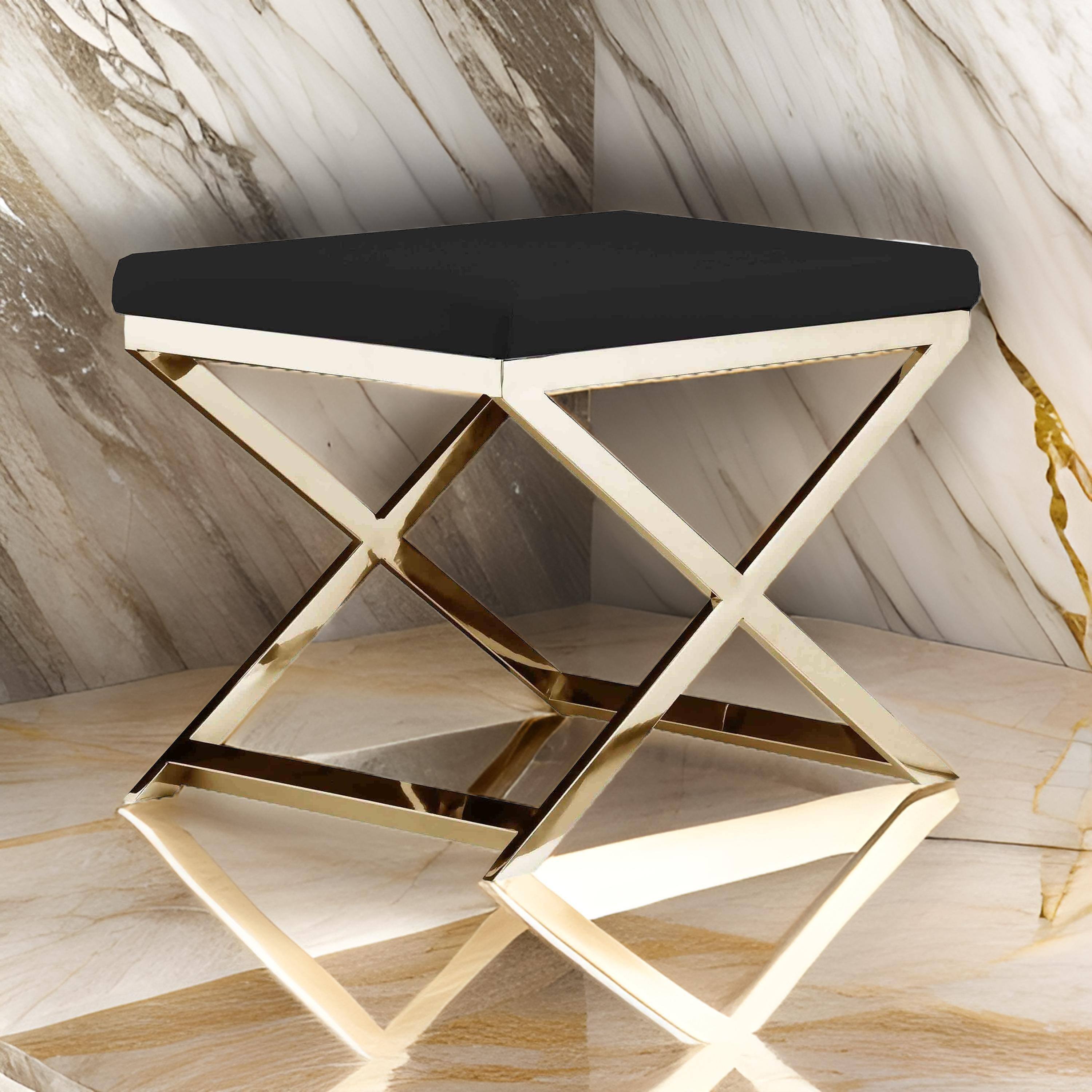 Alt View 2. Manhattan Lane - 20 Inch Ottoman Stool, Black Faux Leather, Stainless Steel Frame, Gold - Black, Gold.