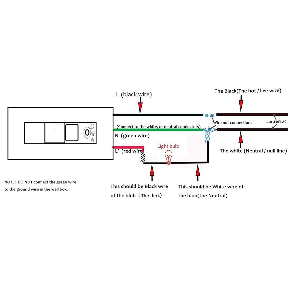 L (black wire)  
The Black (The hot / live wire)  
N (green wire)  
Light bulb  
L' (red wire)  
The white (Neutral / null line)  

NOTE: DO NOT connect the green wire to the ground wire in the wall box.  

This should be Black wire of the bulb (The hot)  
This should be White wire of the bulb (the Neutral)  

Wire nut connections  
110-240V AC  

Connect to the white, or neutral conductors