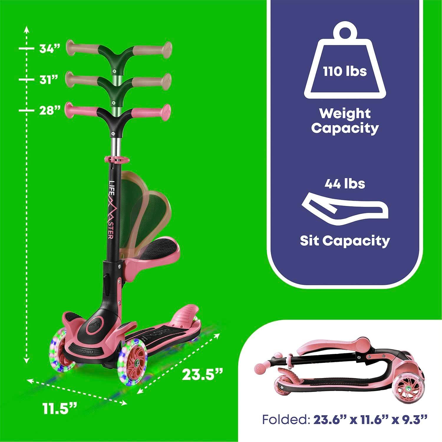 - Height: 34"
- Handlebar Height: 31"
- Seat Height: 28"
- Width: 23.5"
- Depth: 11.5"
- Weight Capacity: 110 lbs
- Sit Capacity: 44 lbs
- Folded Dimensions: 23.6" x 11.6" x 9.3"