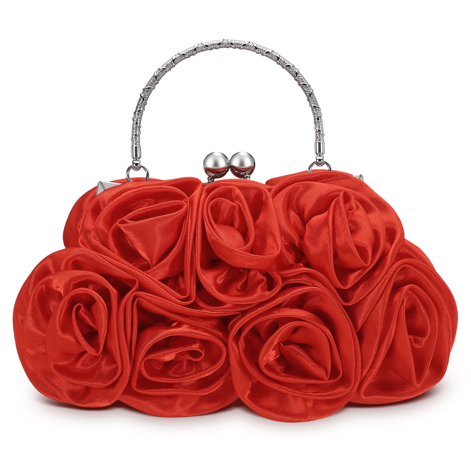 Unique Bargains - Rose Evening Bag Clutch Purse for Women, Satin Evening Purse with 3D Floral Rose for Formal Wedding Party - Red